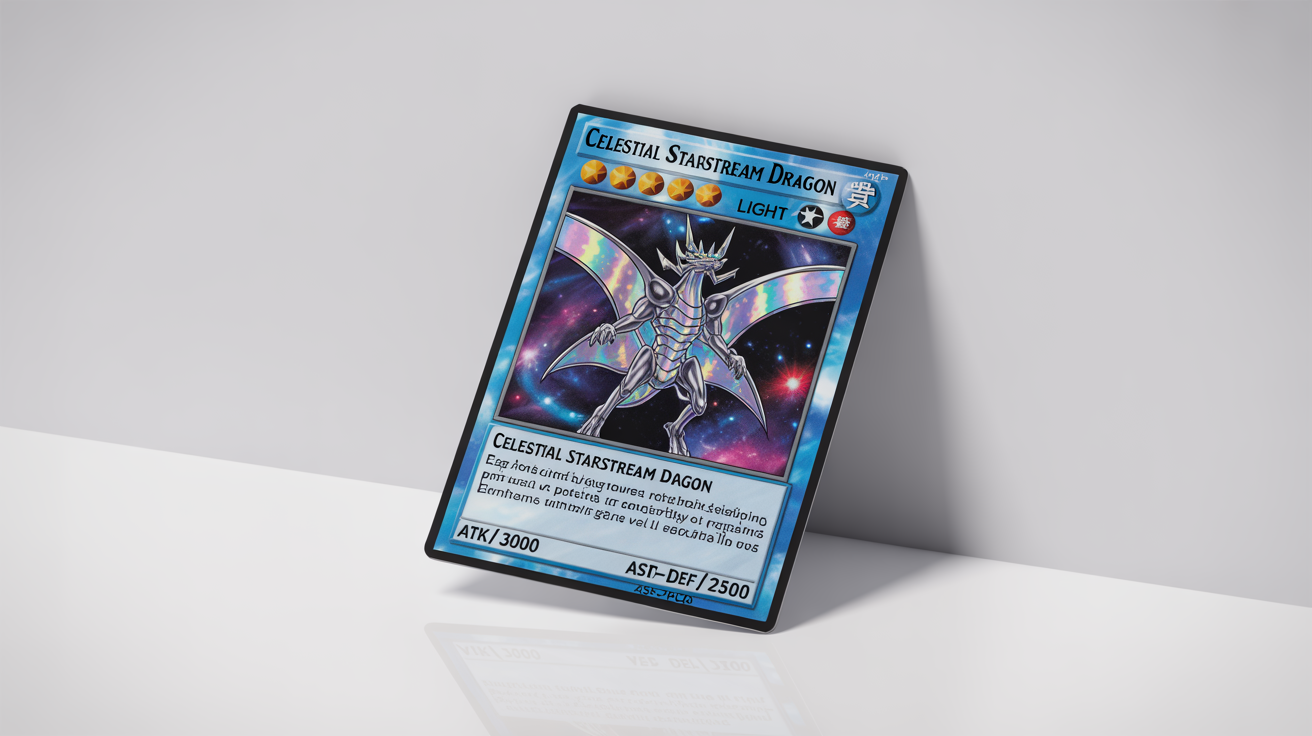 A photorealistic mockup of a fictional Yu-Gi-Oh! monster card named 'Celestial Starstream Dragon', featuring a cosmic dragon and holographic text, displayed on a clean white background.