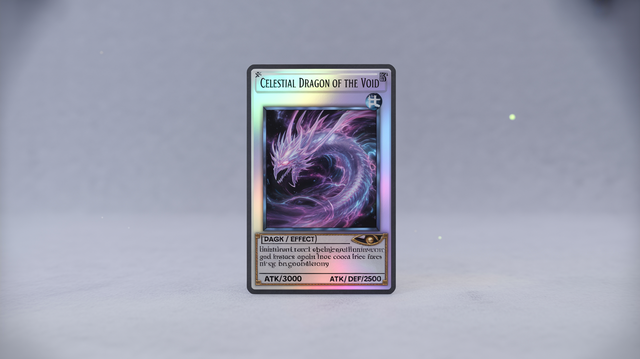 A photorealistic mockup of a custom Yu-Gi-Oh card named 'Celestial Dragon of the Void', showcasing its holographic details on a white background.