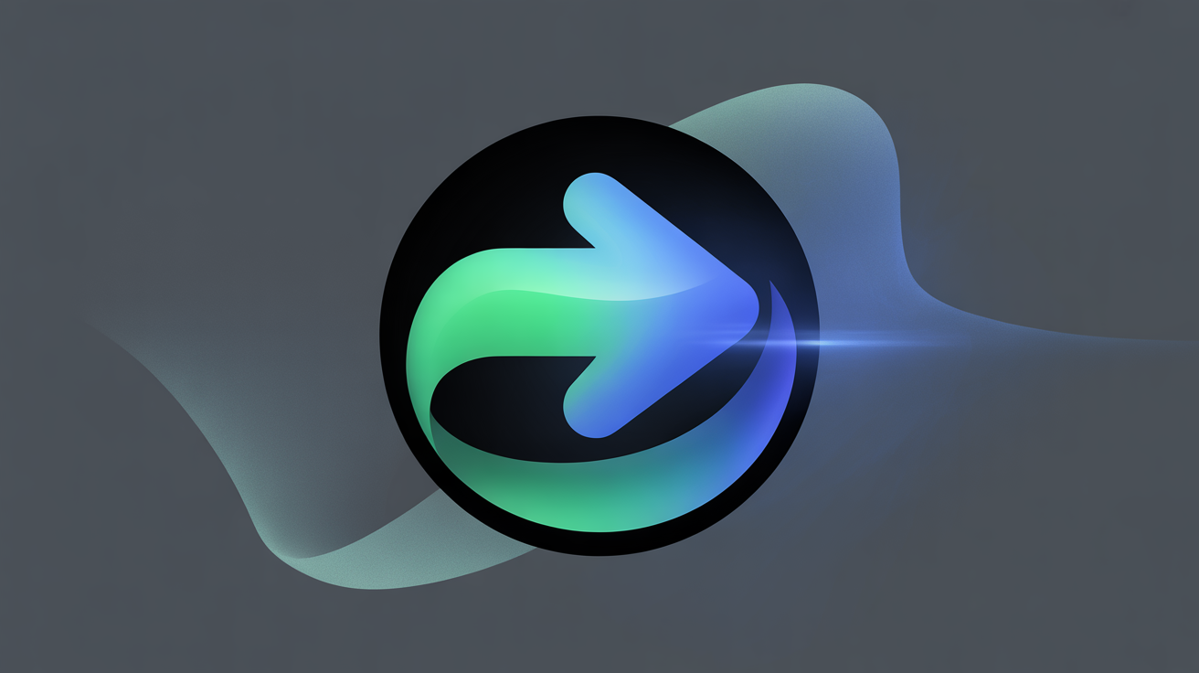 A professionally designed return arrow icon glowing with a vibrant green and blue gradient, set against a dark gray background with subtle abstract shapes.