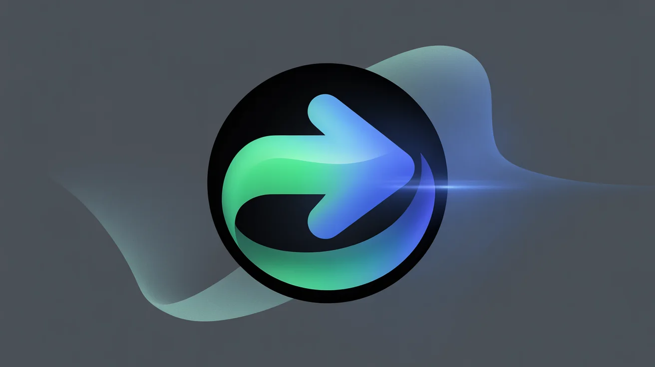 A professionally designed return arrow icon glowing with a vibrant green and blue gradient, set against a dark gray background with subtle abstract shapes.
