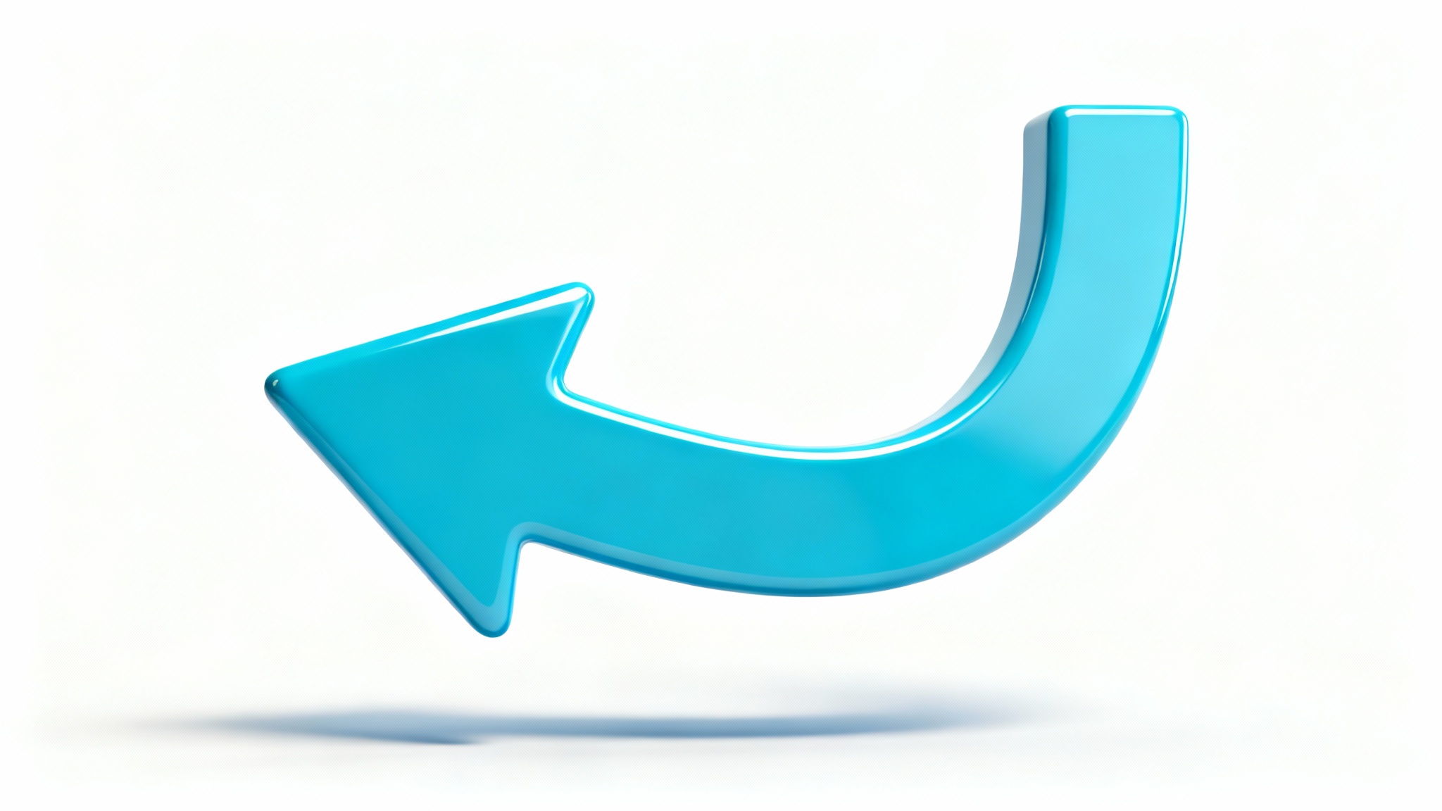 A modern 3D return arrow icon in a glossy blue, curving back on itself to point left, symbolizing a return or undo action, set against a plain white background.