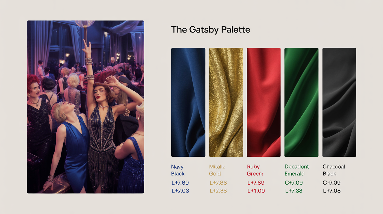 A professionally designed image showcasing a Roaring Twenties color palette. On the left is an inspiration photo of a 1920s jazz club. On the right are five color swatches (navy, gold, red, green, black) with hex codes, under the title 'The Gatsby Palette'.