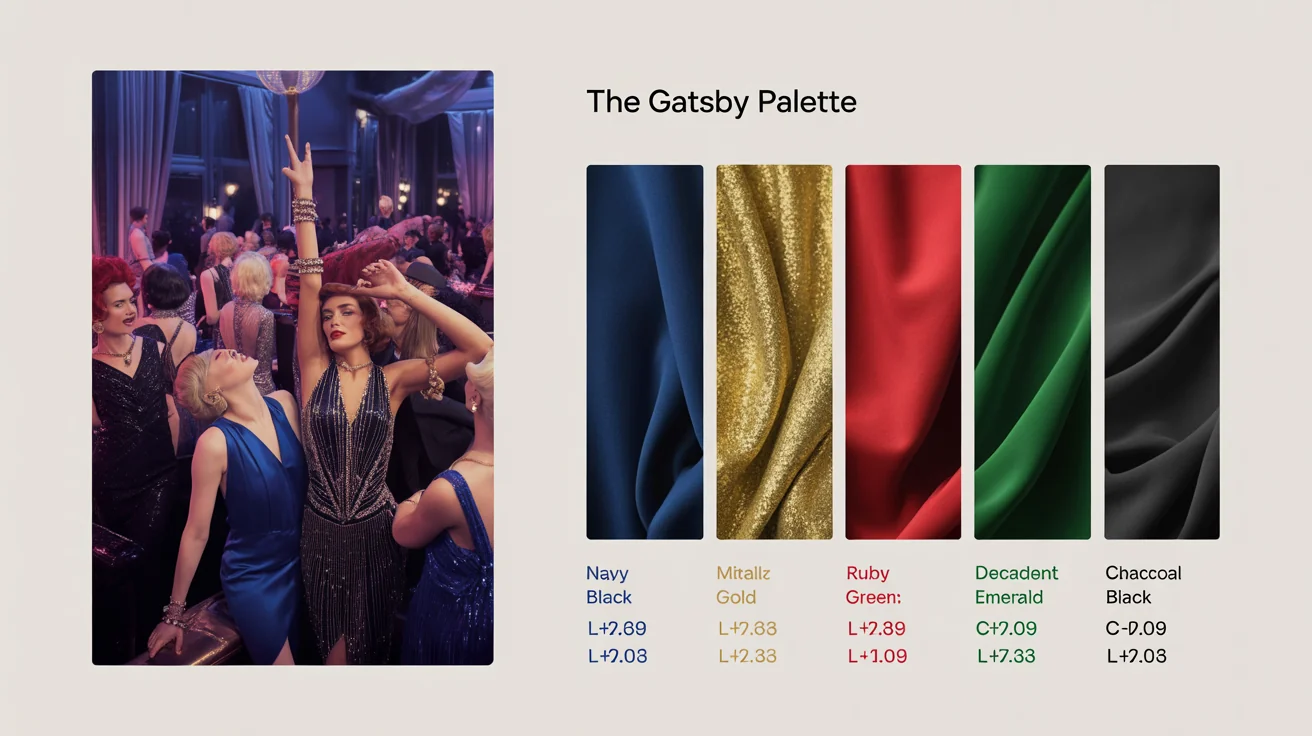 A professionally designed image showcasing a Roaring Twenties color palette. On the left is an inspiration photo of a 1920s jazz club. On the right are five color swatches (navy, gold, red, green, black) with hex codes, under the title 'The Gatsby Palette'.