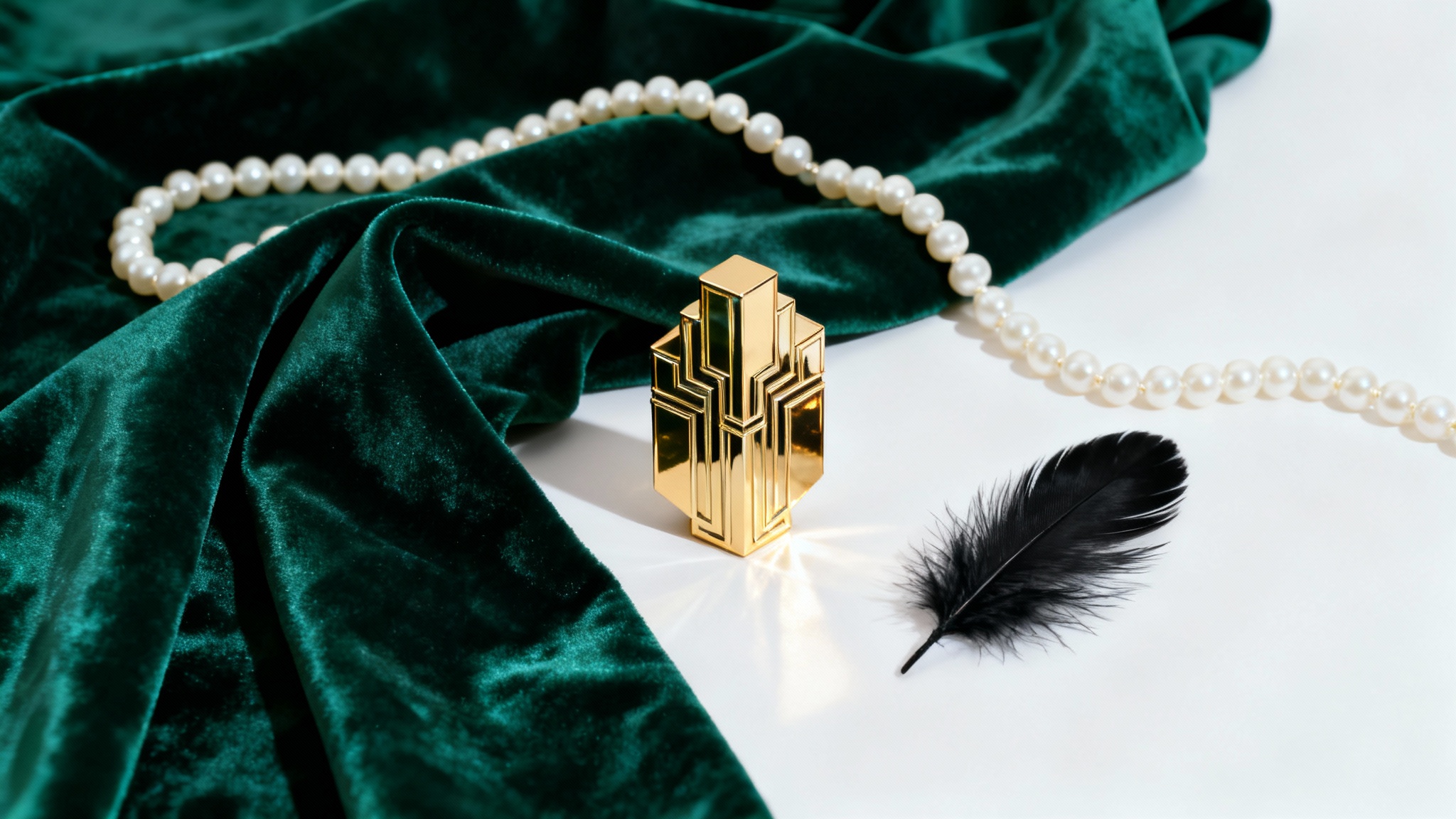 An elegant flat lay showcasing a Roaring Twenties color palette, with emerald green velvet, a string of pearls, a black feather, and a gold Art Deco object on a white background.