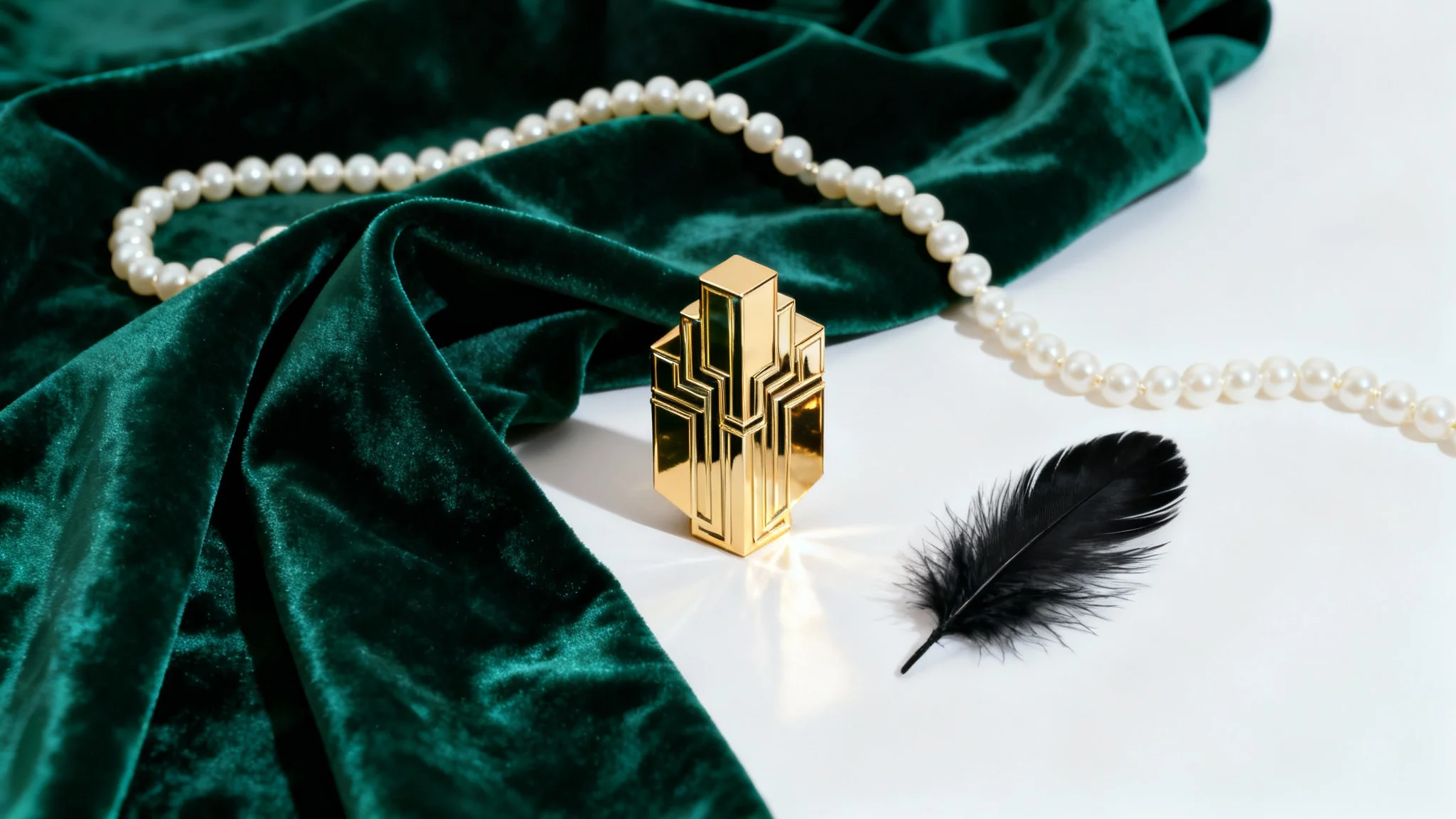 An elegant flat lay showcasing a Roaring Twenties color palette, with emerald green velvet, a string of pearls, a black feather, and a gold Art Deco object on a white background.