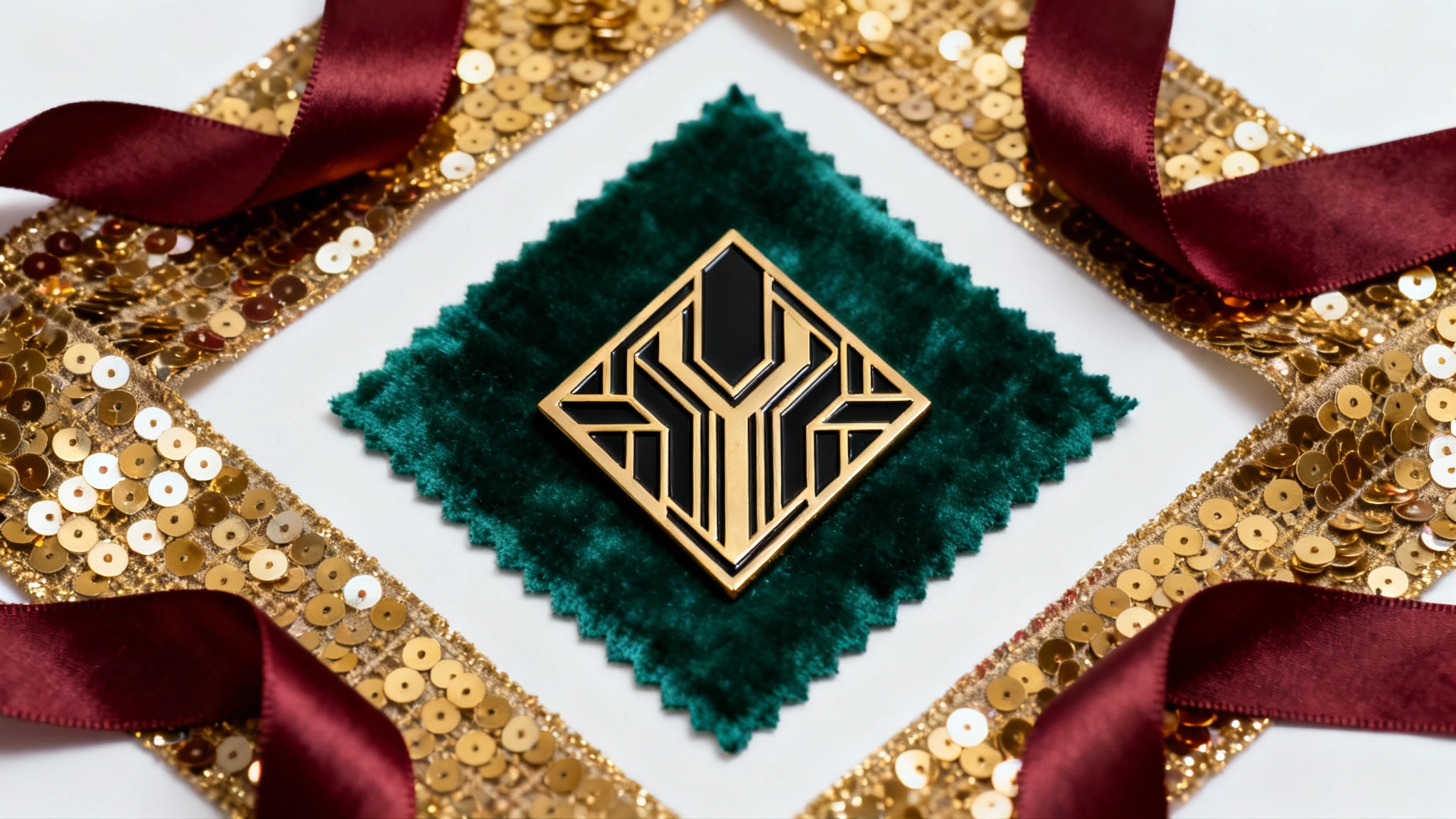 A flat lay showcasing a Roaring Twenties color palette with swatches of gold sequin, emerald velvet, burgundy silk, and a black and brass Art Deco object on a white background.