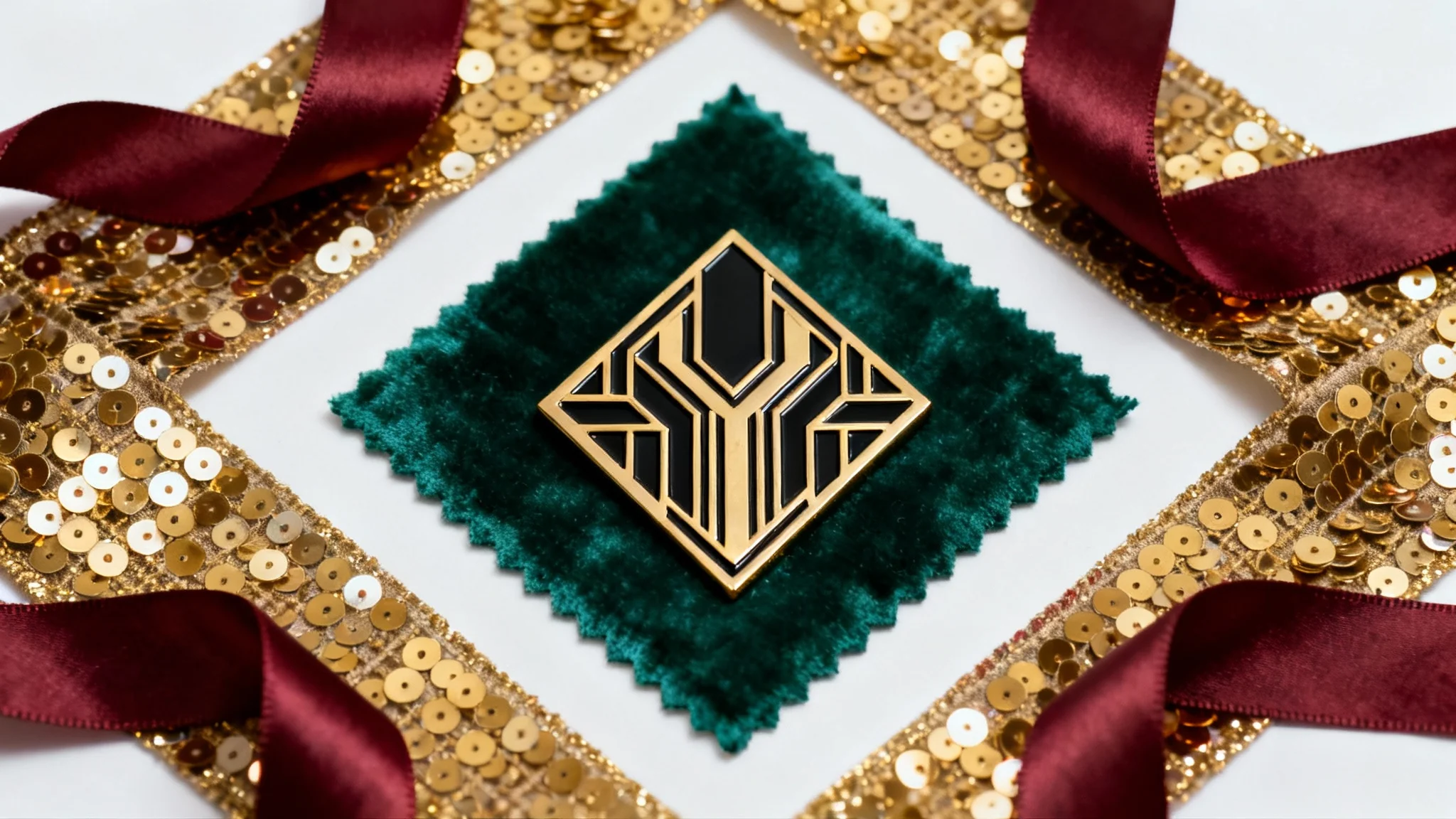 A flat lay showcasing a Roaring Twenties color palette with swatches of gold sequin, emerald velvet, burgundy silk, and a black and brass Art Deco object on a white background.
