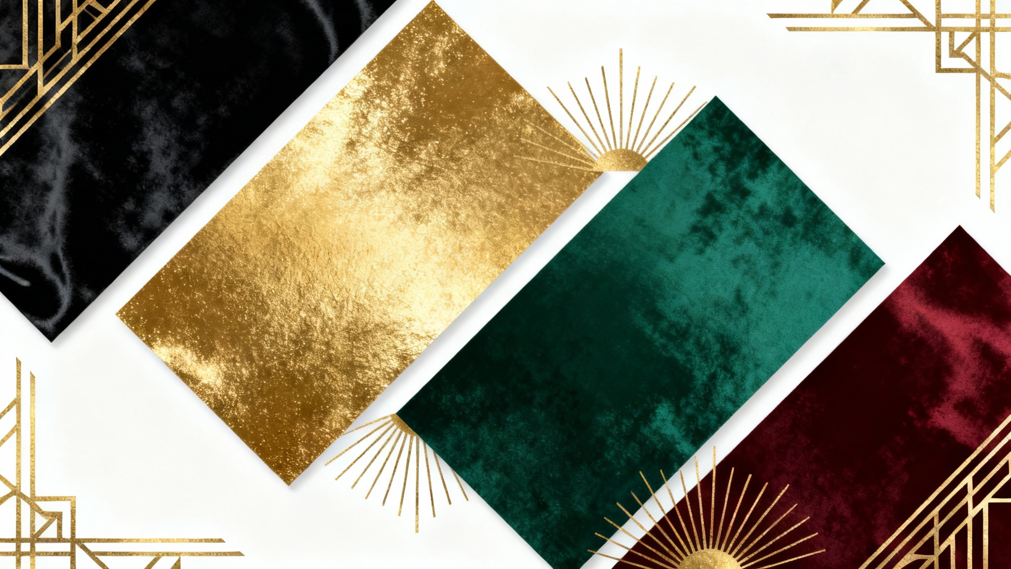 An elegant color palette mockup inspired by the Roaring Twenties, showing swatches of black, gold, emerald green, and burgundy with Art Deco details on a white background.