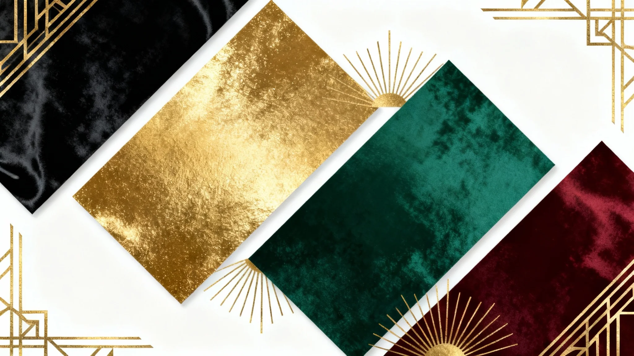 An elegant color palette mockup inspired by the Roaring Twenties, showing swatches of black, gold, emerald green, and burgundy with Art Deco details on a white background.