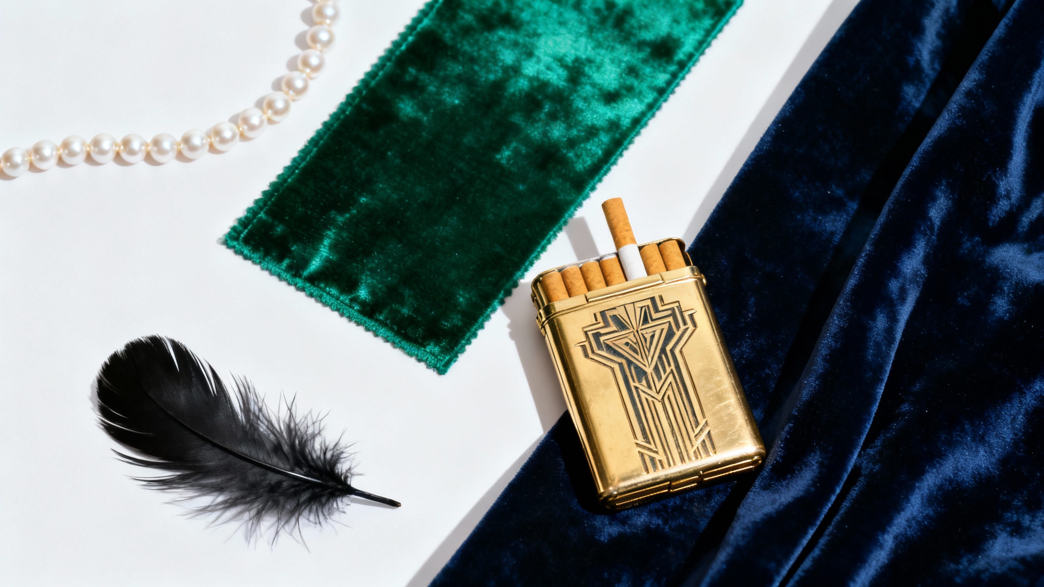 A stylized flat lay on a white background representing a Roaring Twenties color palette, with objects in emerald green, gold, navy blue, and black, including velvet, a gold case, a feather, and pearls.