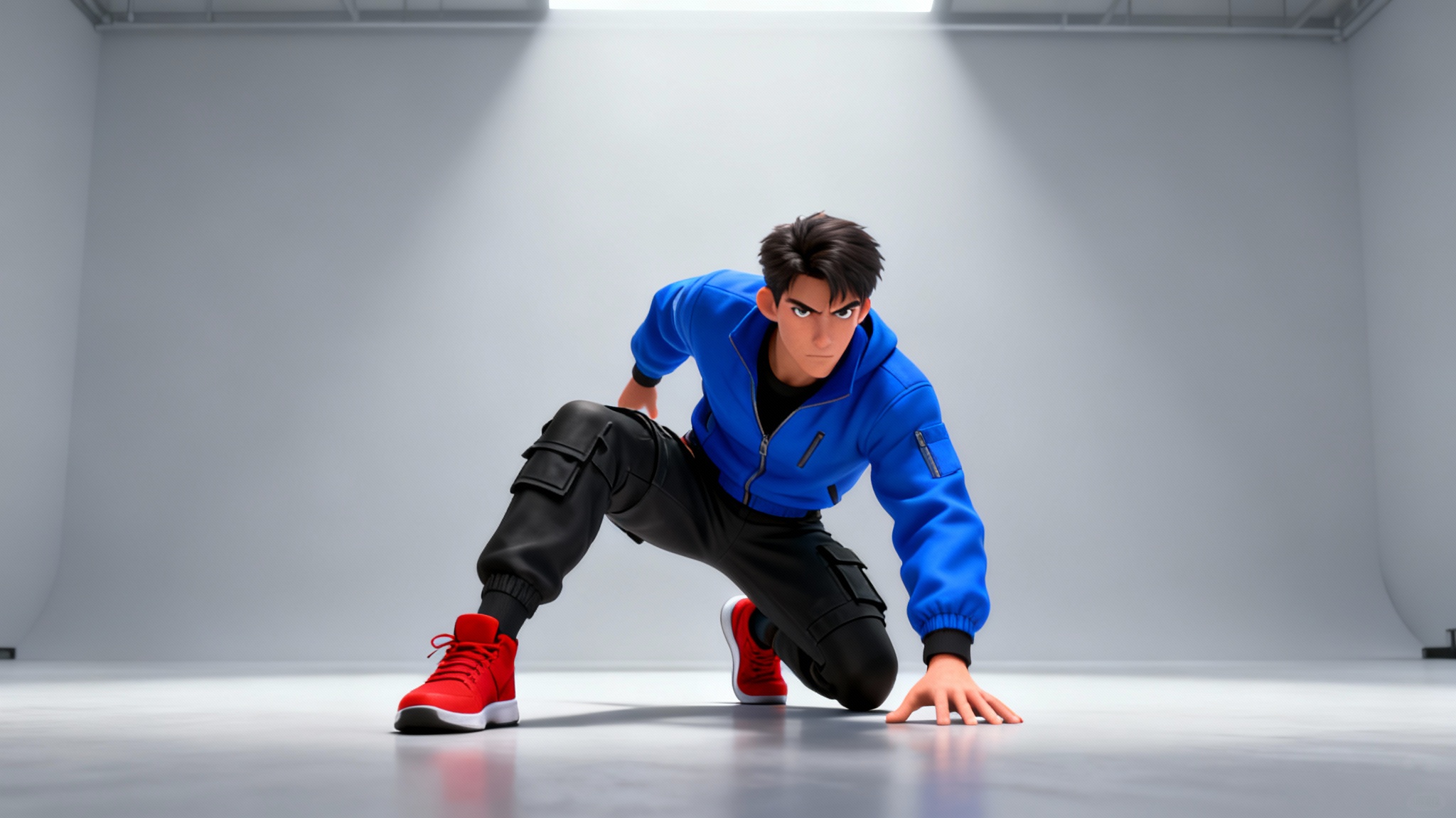 A 3D animated character in a dynamic superhero landing pose on a clean studio background, wearing a blue jacket, black pants, and red sneakers.