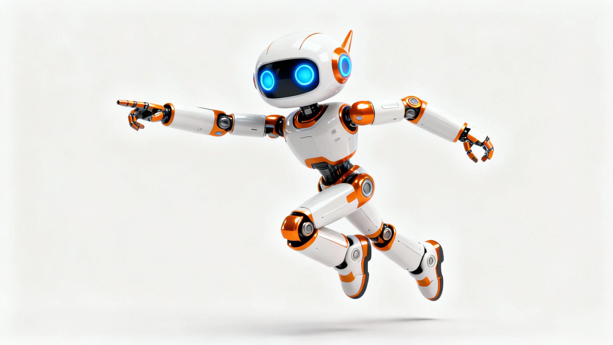 A 3D render of a friendly, stylized robot in a dynamic action pose against a clean white background.