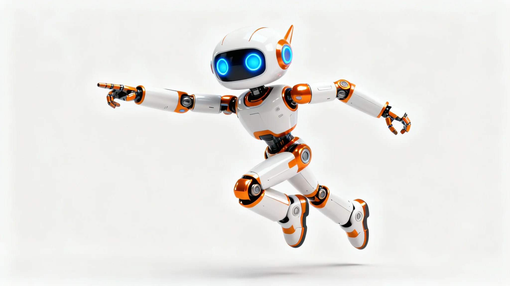 A 3D render of a friendly, stylized robot in a dynamic action pose against a clean white background.