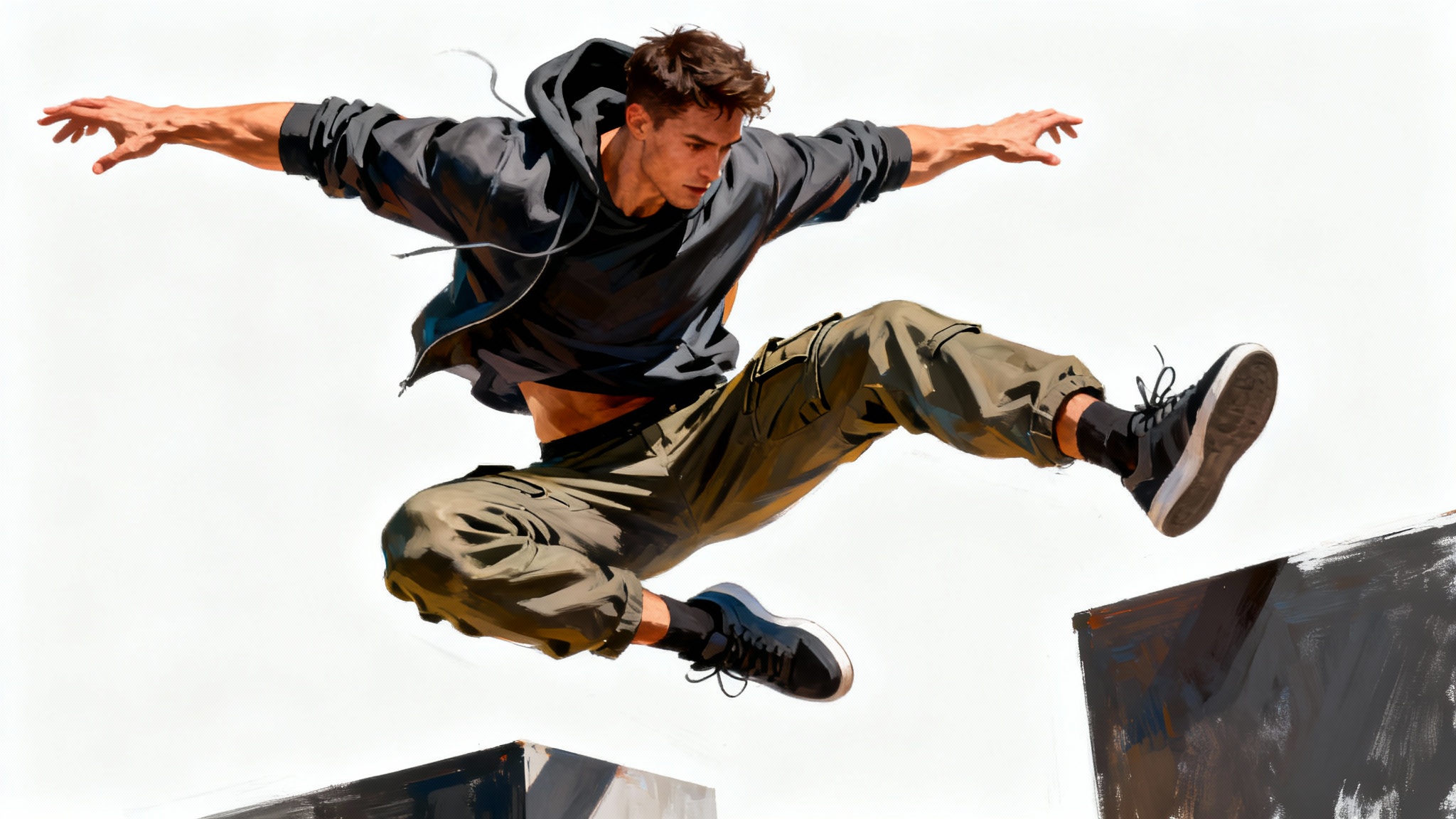 A digital illustration of a male character in a dynamic parkour action pose, frozen mid-air against a plain white background, representing a character pose mockup.
