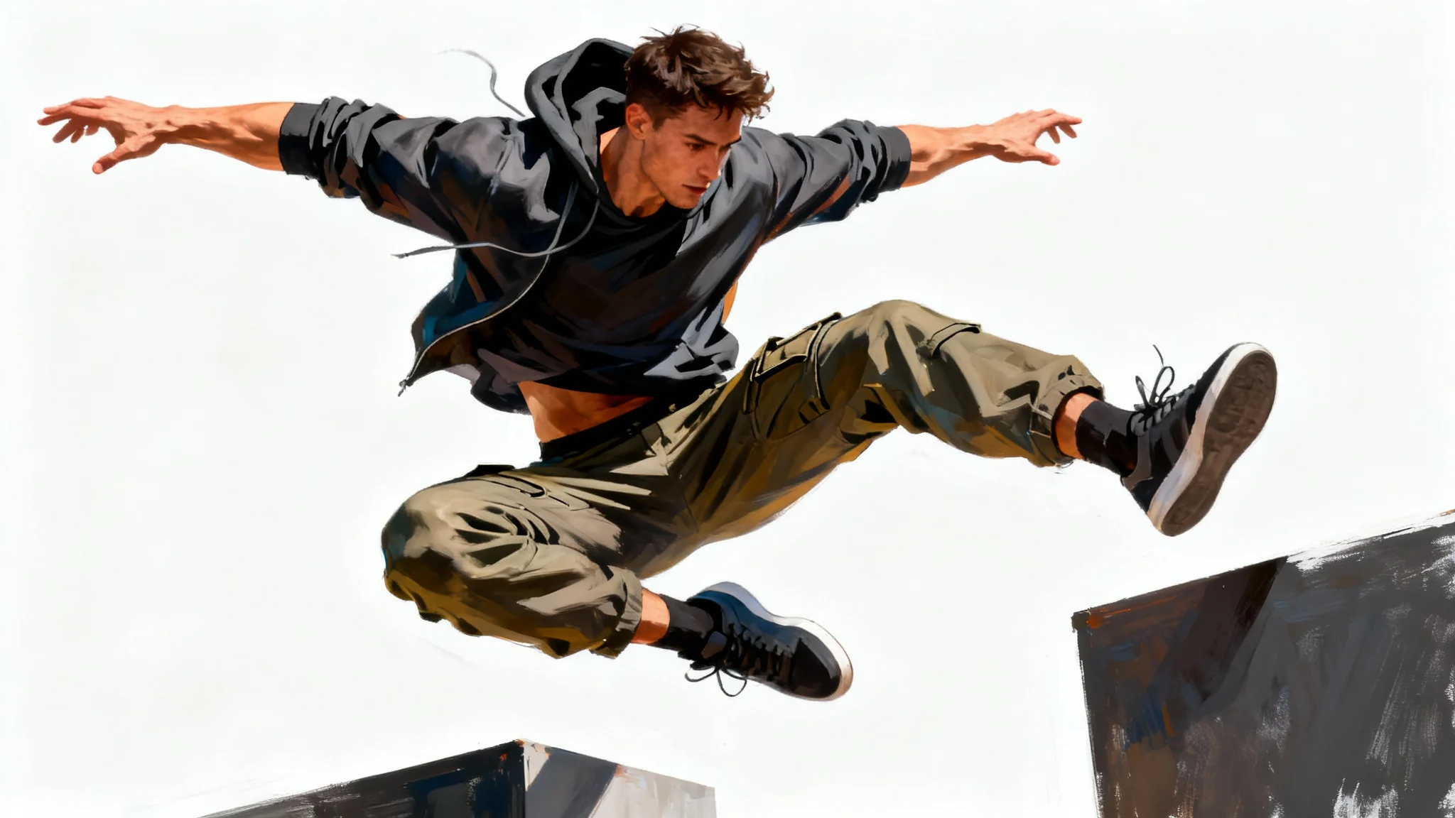 A digital illustration of a male character in a dynamic parkour action pose, frozen mid-air against a plain white background, representing a character pose mockup.