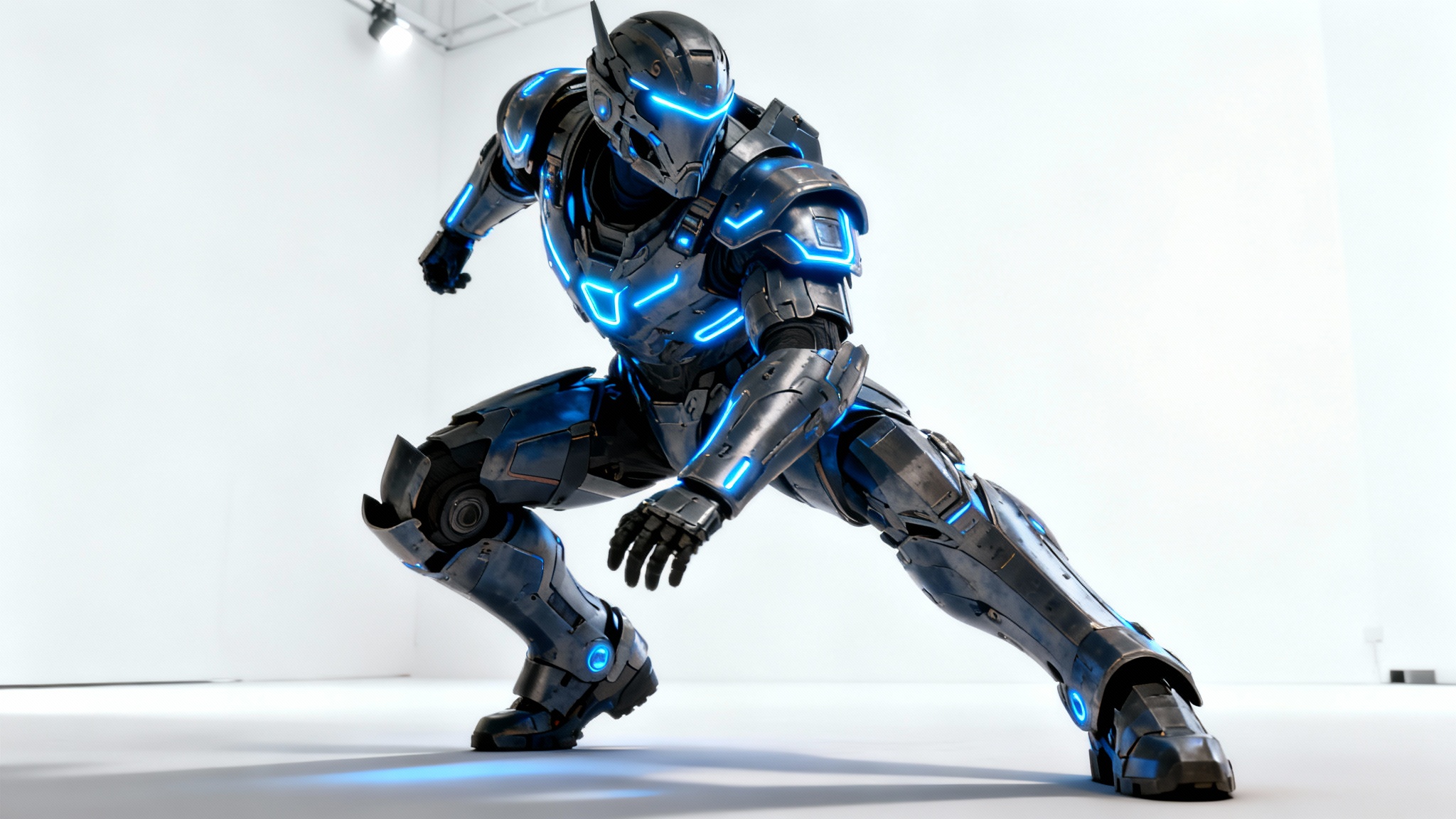 A full-body, 3D render of a sci-fi character in a dynamic action pose against a white background. The character wears detailed futuristic armor with glowing blue lines.