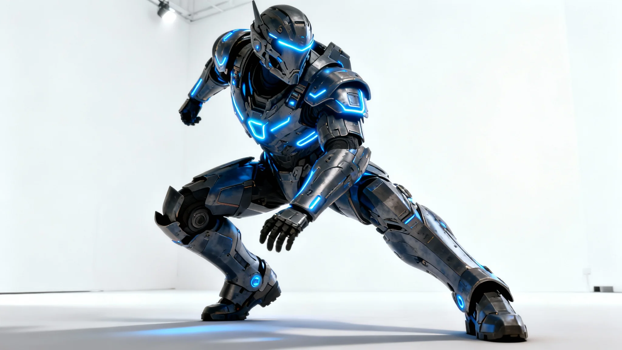 A full-body, 3D render of a sci-fi character in a dynamic action pose against a white background. The character wears detailed futuristic armor with glowing blue lines.