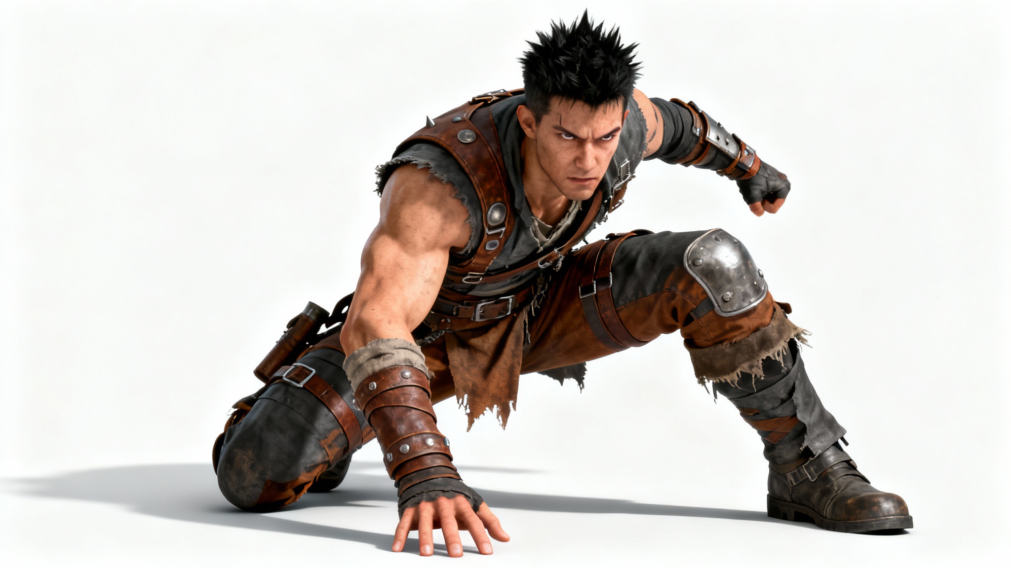 A 3D render of a video game character in a dynamic crouching action pose, set against a plain white background, showcasing character art and motion.