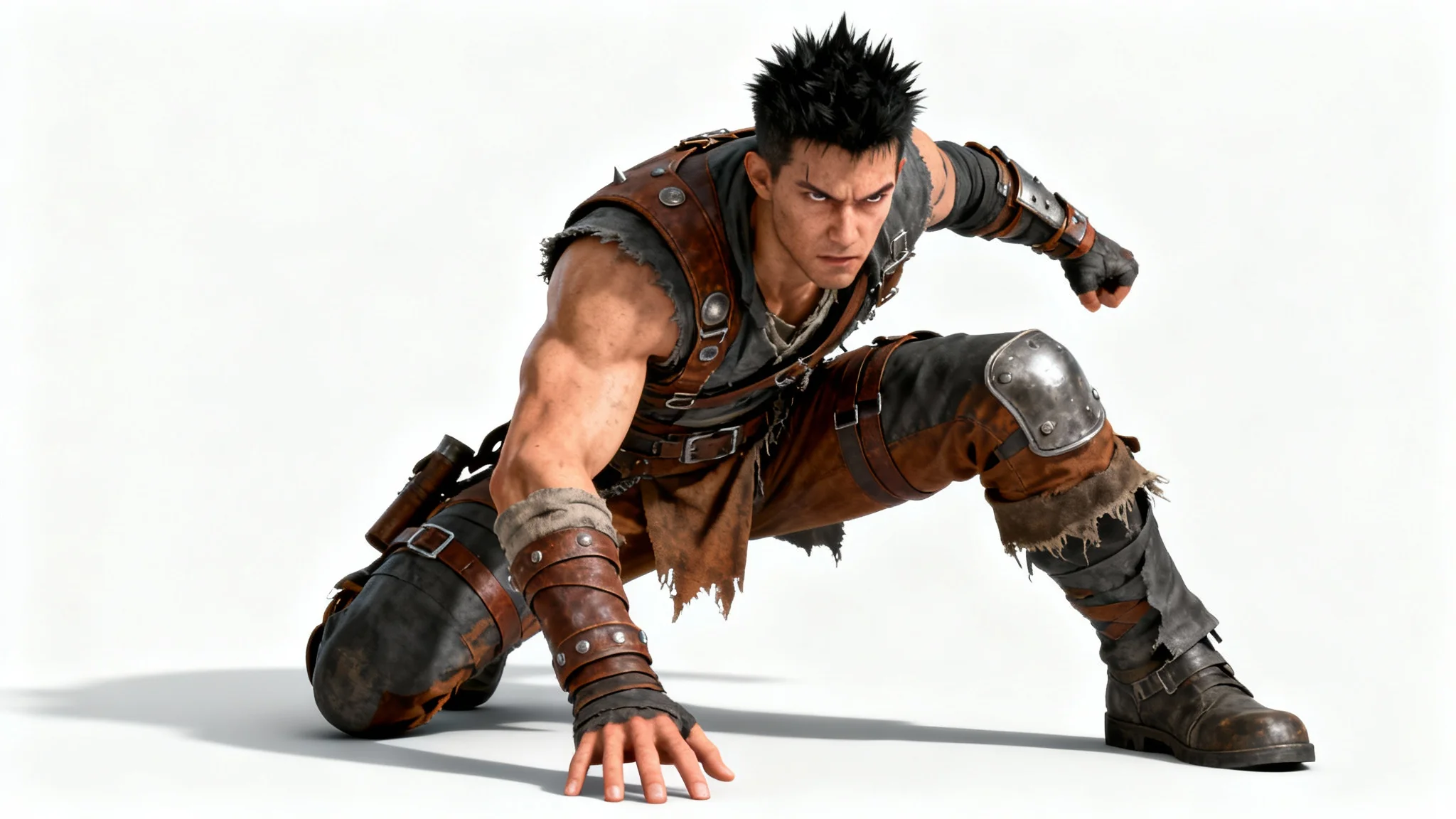 A 3D render of a video game character in a dynamic crouching action pose, set against a plain white background, showcasing character art and motion.