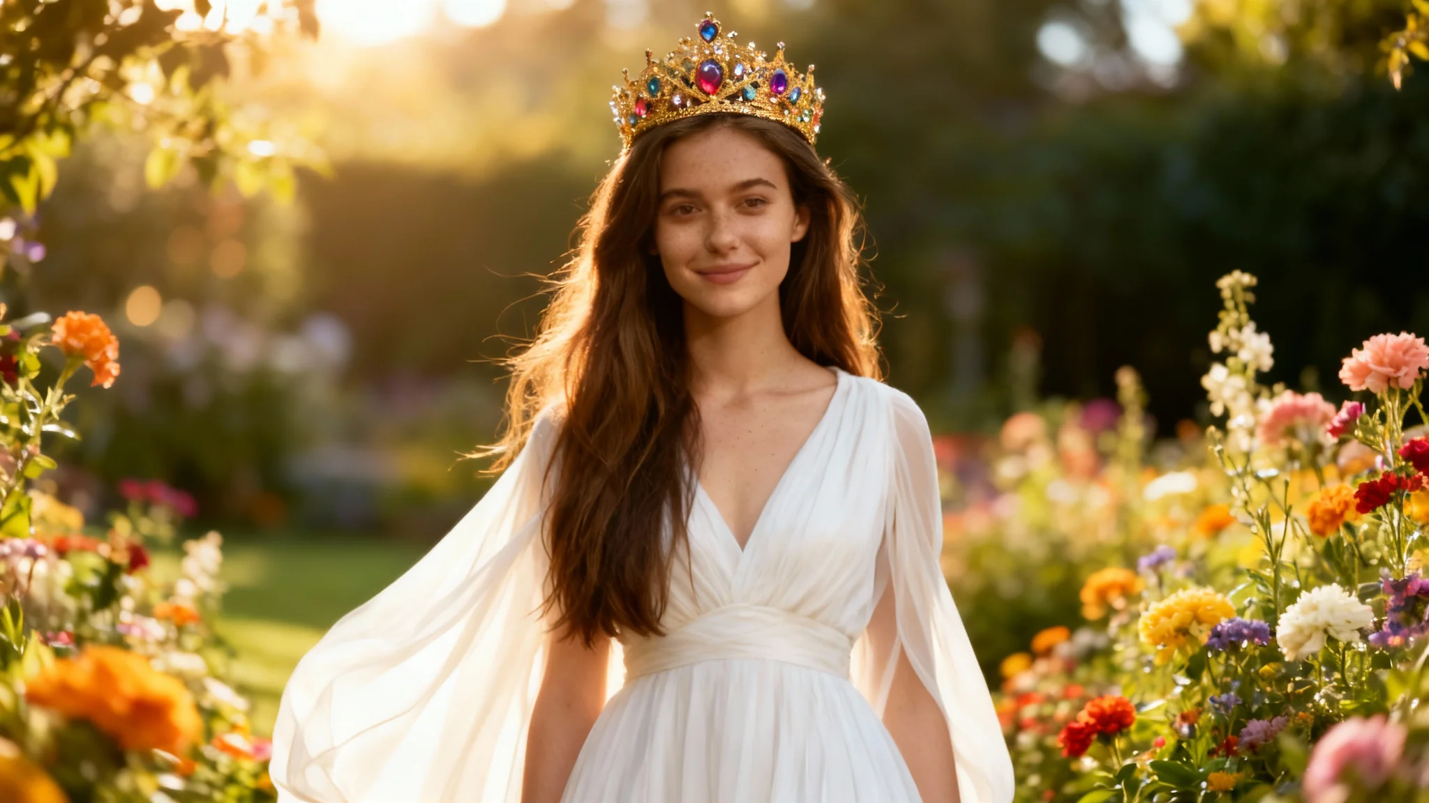 Hero image showing the result of adding a crown to a photo: a young woman in a garden now wears a beautiful, sparkling gold crown that looks perfectly natural.