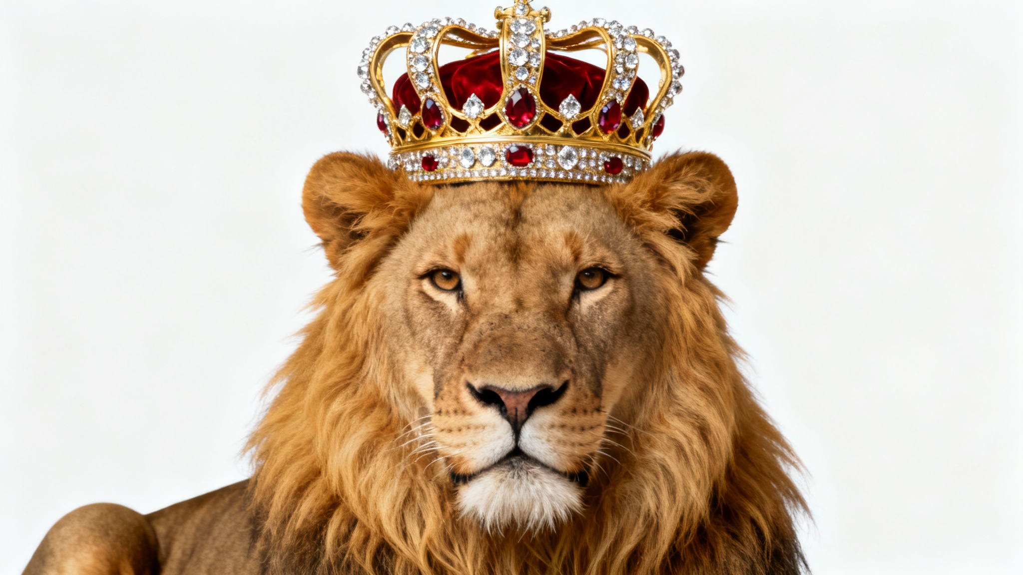 A photorealistic image of a majestic lion's head, wearing an ornate golden crown with jewels, against a solid white background.