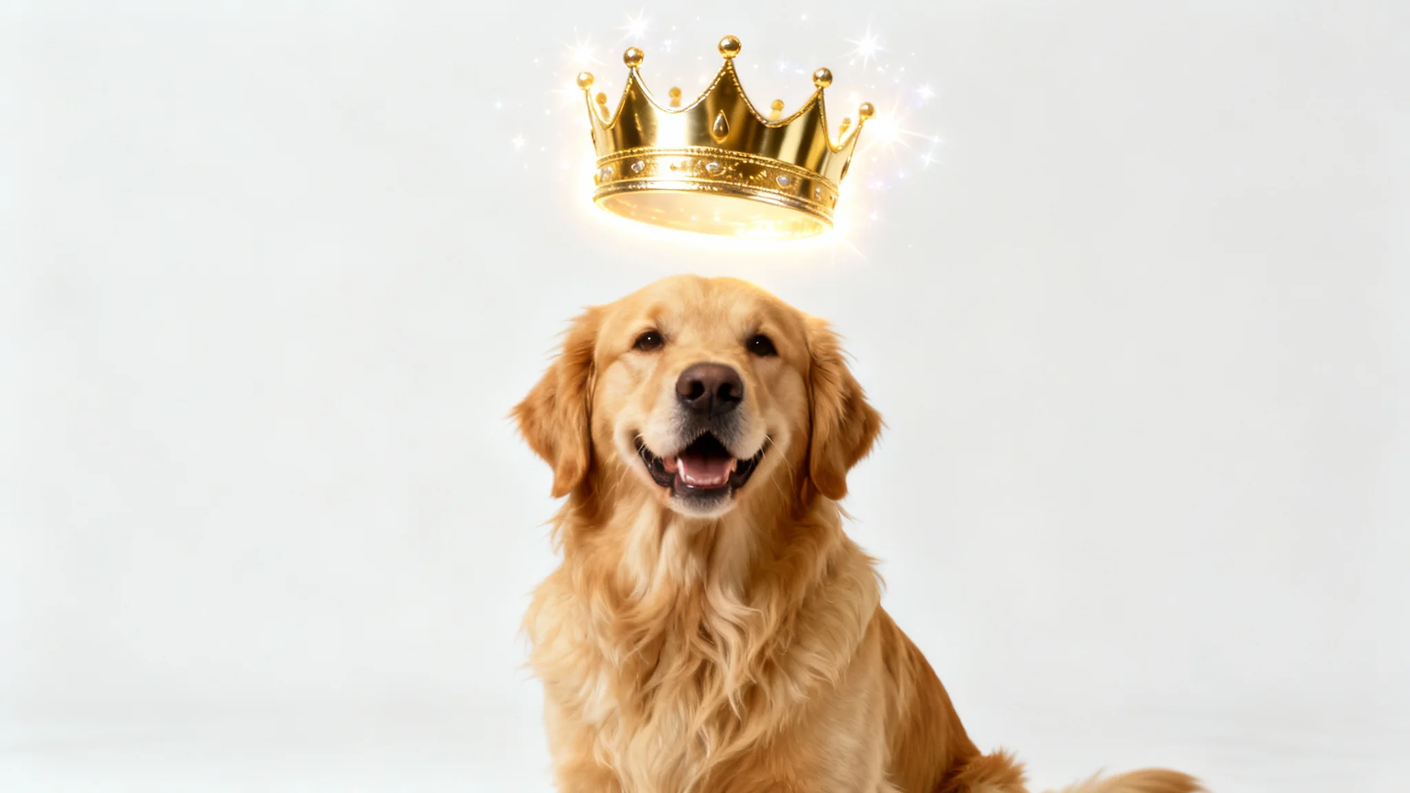 A high-quality photo of a happy golden retriever, with a shiny golden crown being digitally added to its head, against a clean white background.