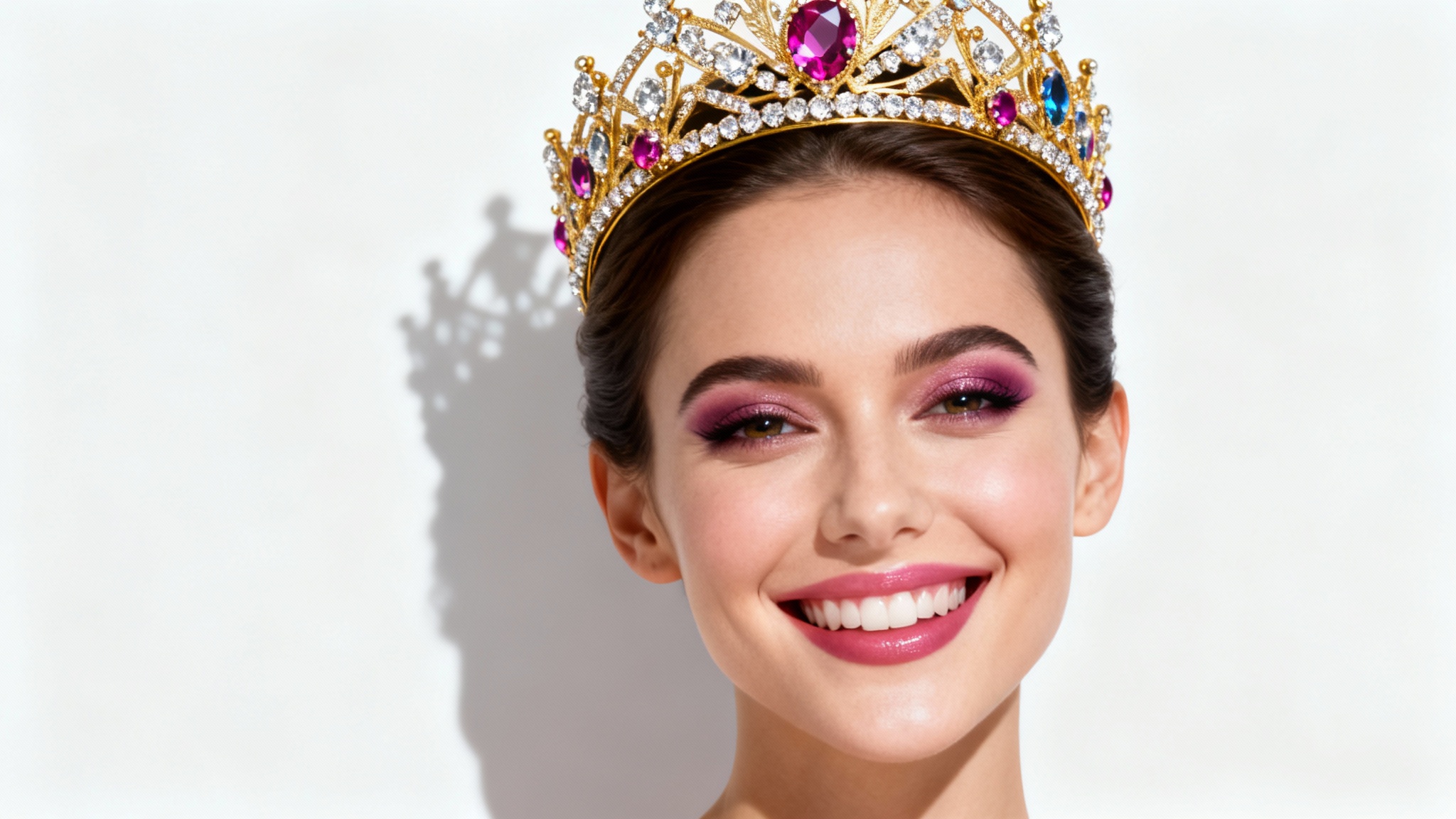 A close-up portrait of a smiling woman wearing an ornate golden crown against a plain white background, illustrating the 'add crown to photo' feature.