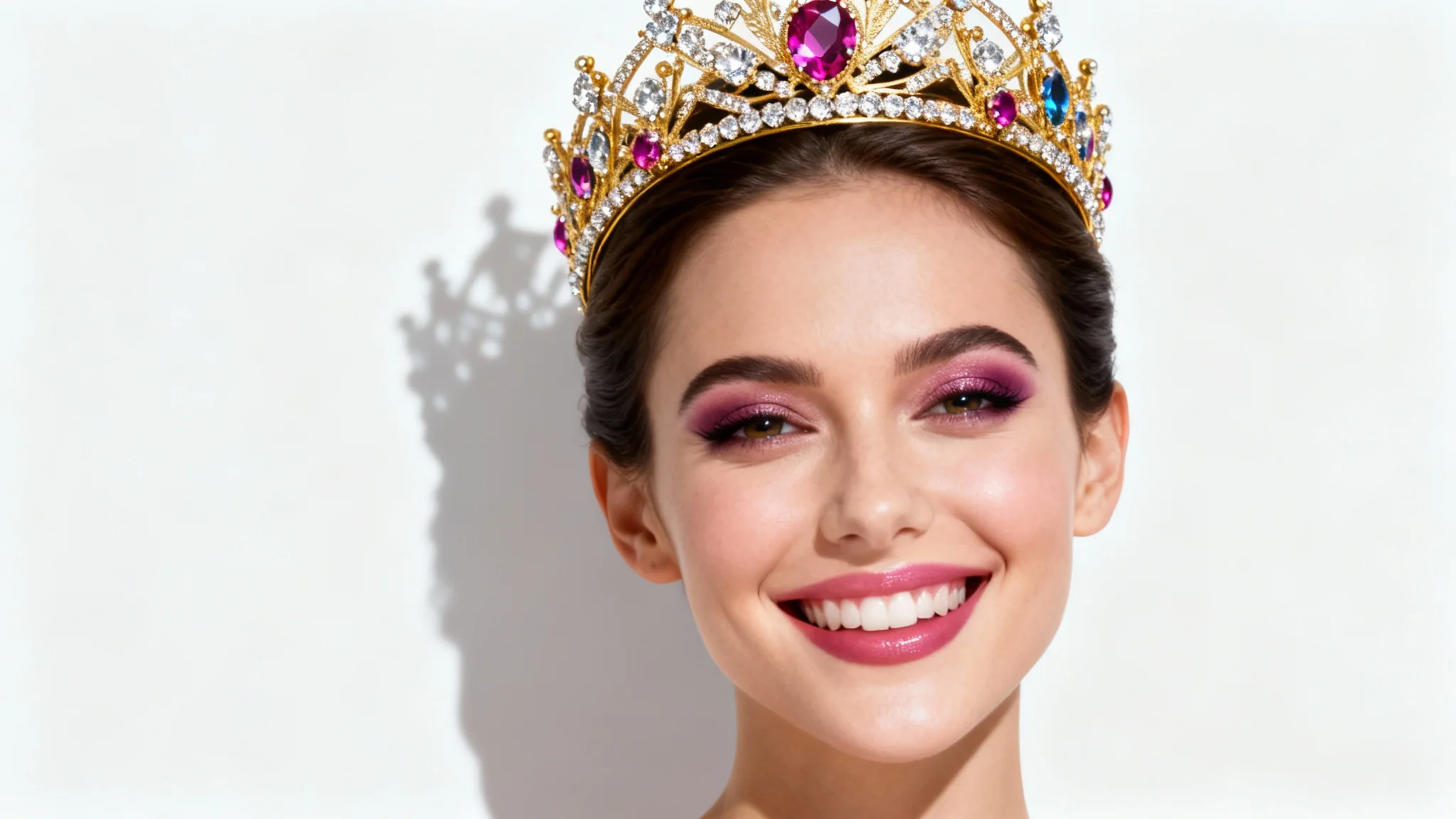 A close-up portrait of a smiling woman wearing an ornate golden crown against a plain white background, illustrating the 'add crown to photo' feature.