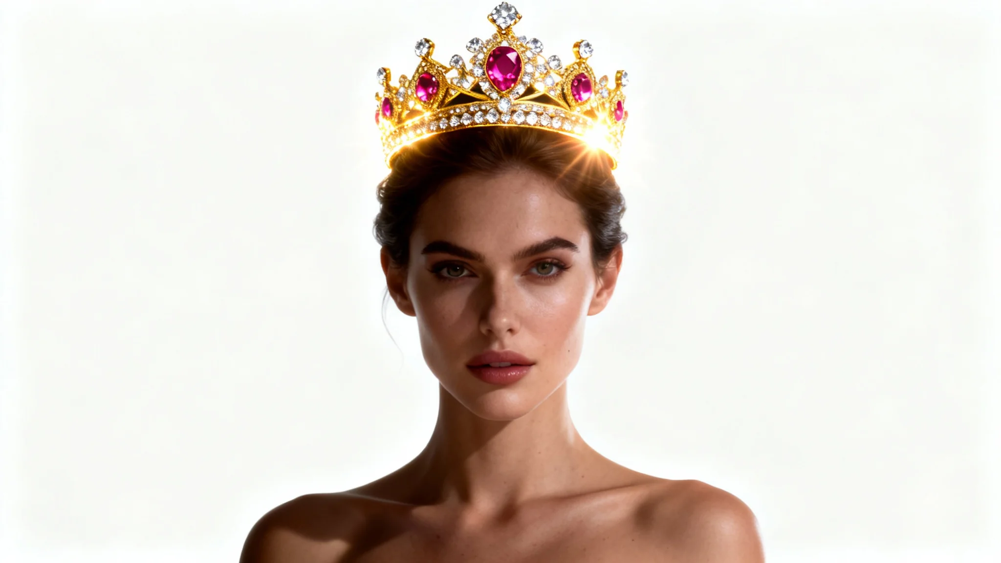 A photorealistic image of a woman in a studio setting with a digitally added, ornate golden crown on her head, against a solid white background.