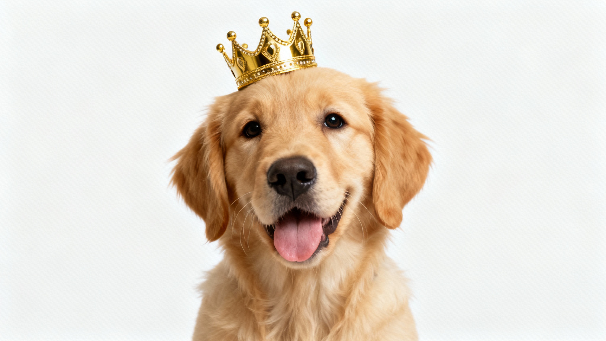 A photorealistic portrait of a happy golden retriever puppy wearing a small golden crown on its head, set against a plain white background.
