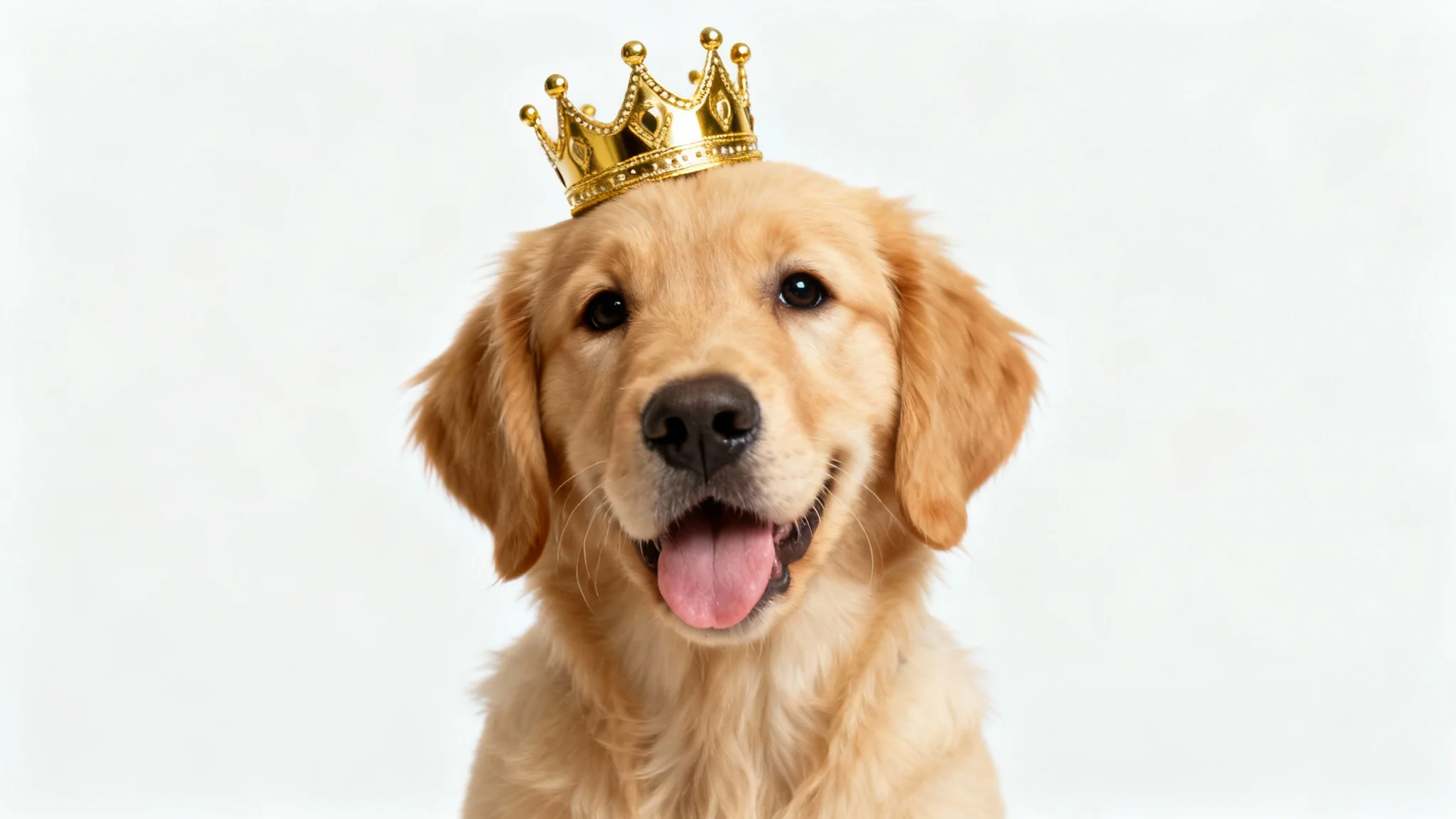 A photorealistic portrait of a happy golden retriever puppy wearing a small golden crown on its head, set against a plain white background.
