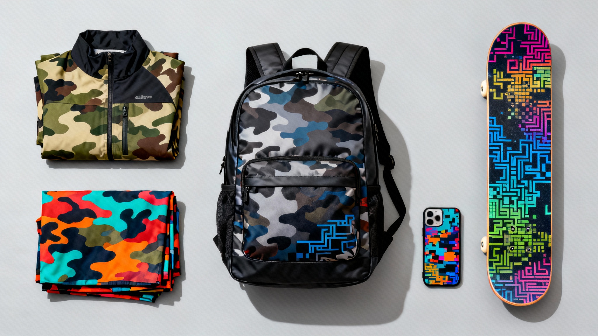 A professional studio photograph showing various products like a jacket, backpack, and phone case, each featuring a unique and modern camouflage pattern, arranged on a clean background.
