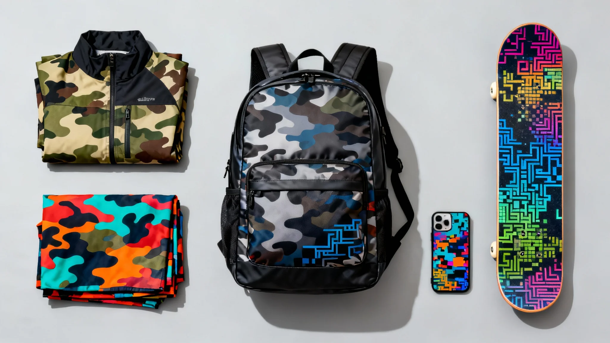 A professional studio photograph showing various products like a jacket, backpack, and phone case, each featuring a unique and modern camouflage pattern, arranged on a clean background.