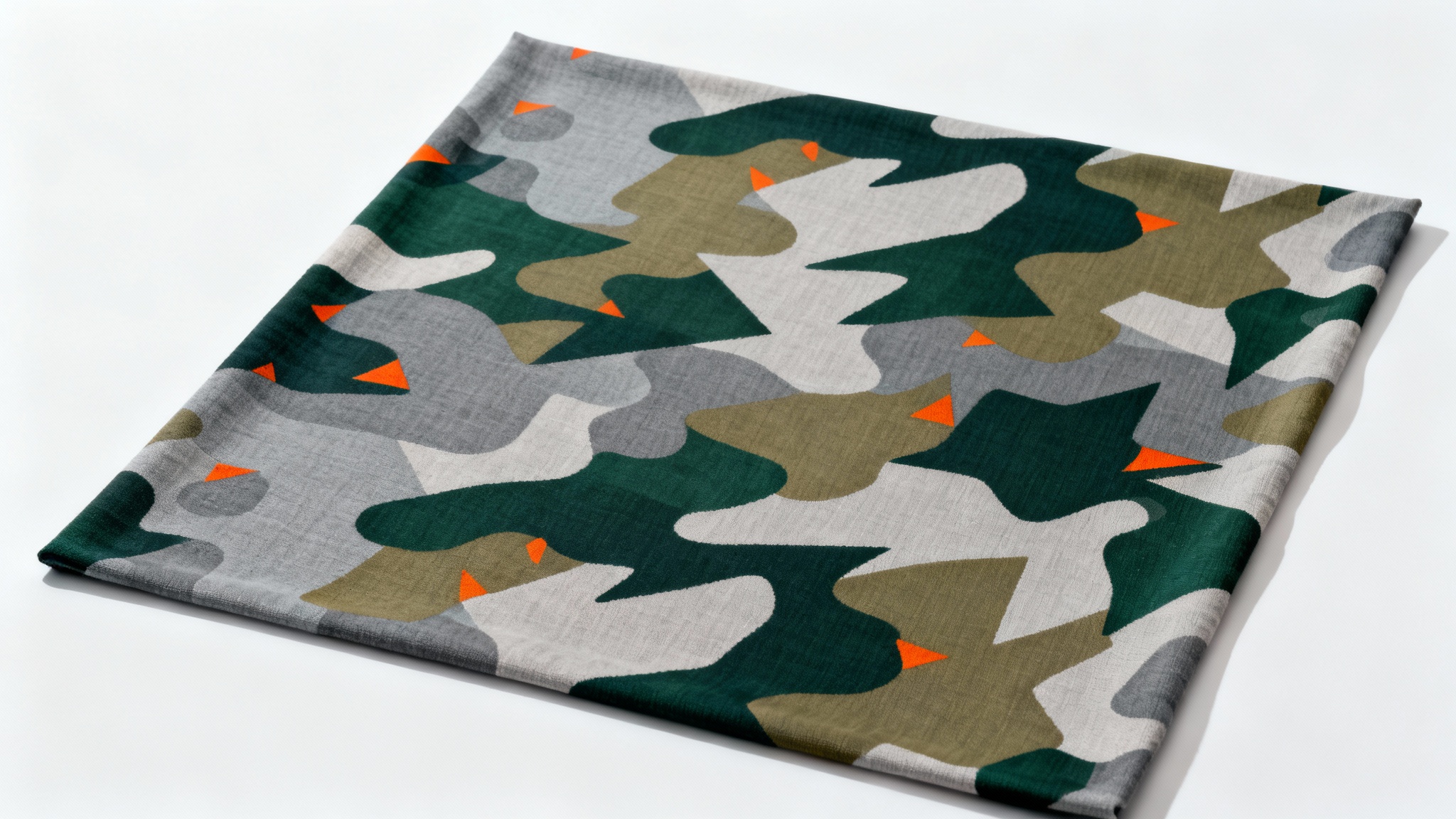 A photorealistic top-down view of a square fabric swatch featuring a modern camouflage pattern in grey, green, and khaki on a clean white background.