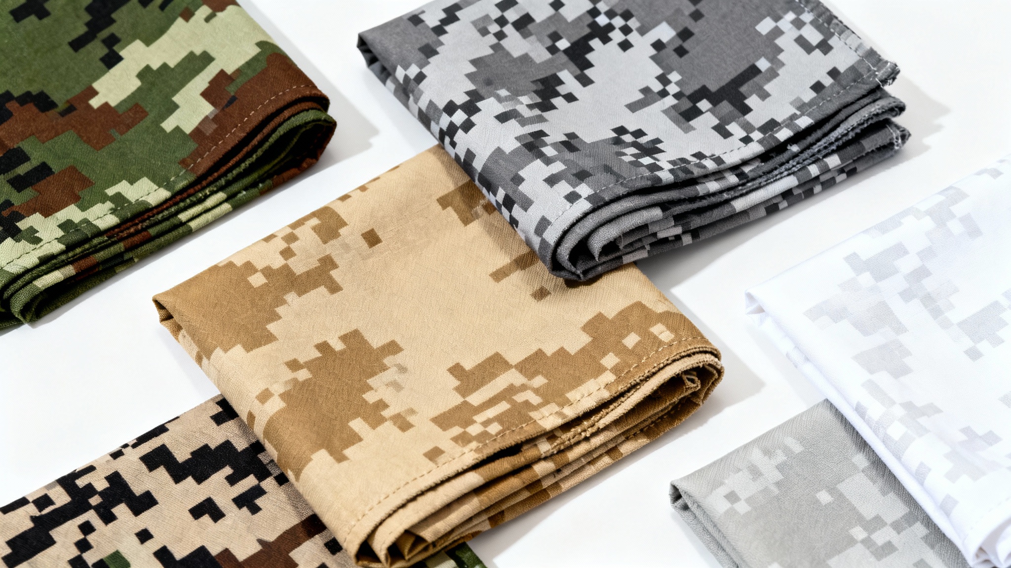 A collection of folded camouflage fabric swatches on a white background, displaying various patterns like woodland, digital, desert, and arctic camo in a clean, flat lay style.