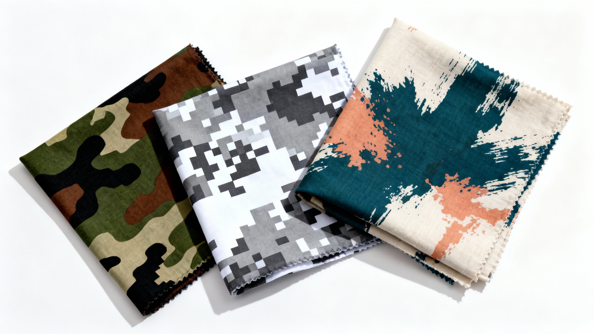 Three different camouflage pattern swatches displayed on a white background: one classic woodland, one digital urban grey, and one abstract artistic design.