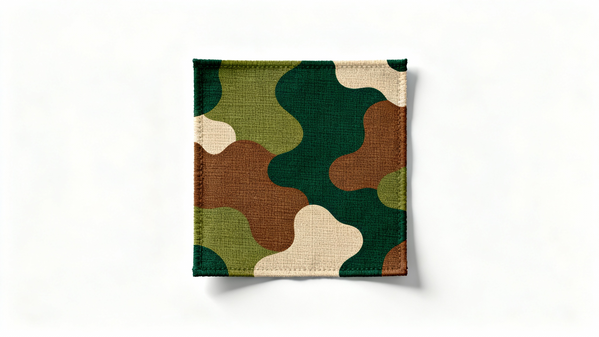 A flat lay image of a rectangular fabric swatch with a classic woodland camouflage pattern, set against a solid white background.