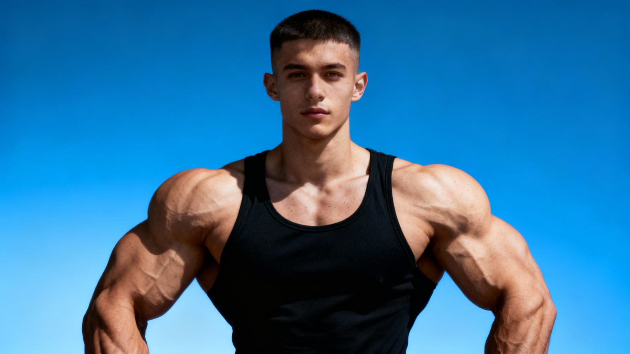 The final result after using an 'add muscles' tool, showing a man with an extremely muscular, bodybuilder-level physique wearing a black tank top against a blue background.