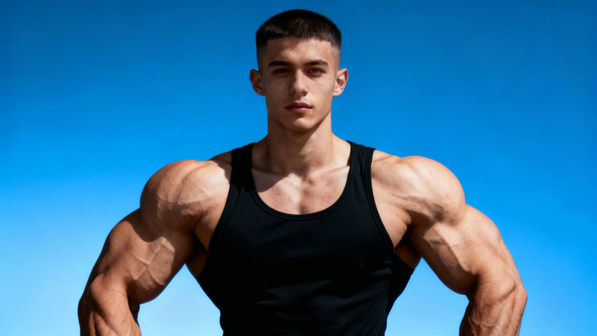 The final result after using an 'add muscles' tool, showing a man with an extremely muscular, bodybuilder-level physique wearing a black tank top against a blue background.