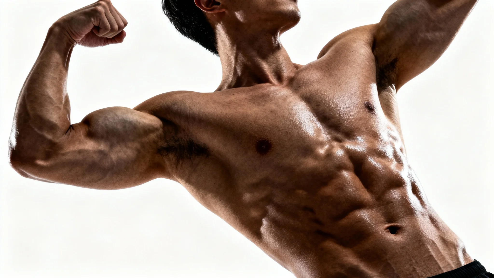 A photorealistic mockup of a person with an extremely athletic and muscular build, posing confidently to show off their defined muscles against a stark white background.