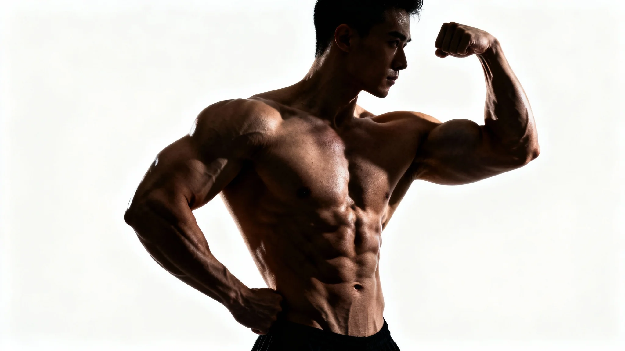 A photorealistic image of a person with a very muscular and defined physique flexing against a plain white background, with dramatic lighting highlighting their muscle definition.