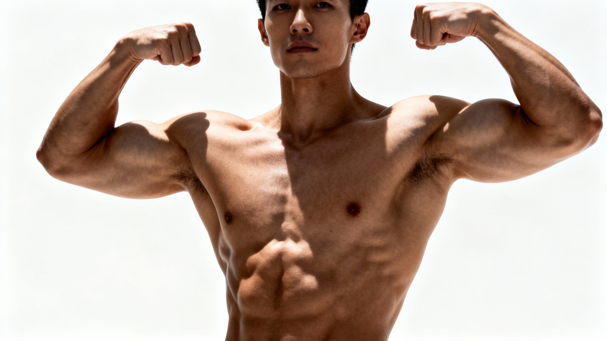 A photorealistic image of a muscular person flexing their muscles against a plain white background, illustrating the result of adding muscle.