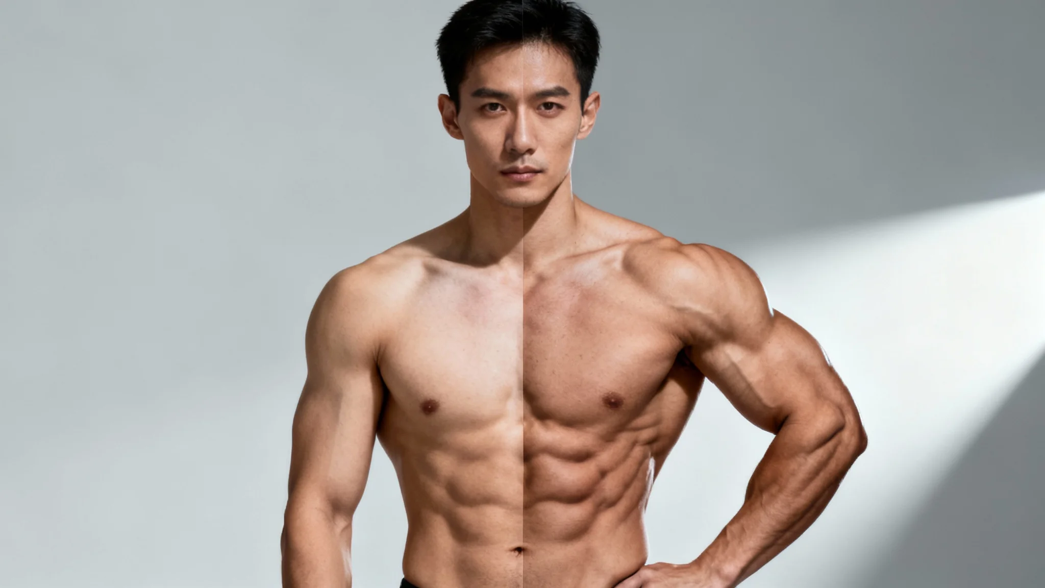 A before-and-after style image showing a man's torso. The left half shows him with a slim physique, and the right half shows him with a very muscular and defined physique, illustrating the concept of adding muscle.