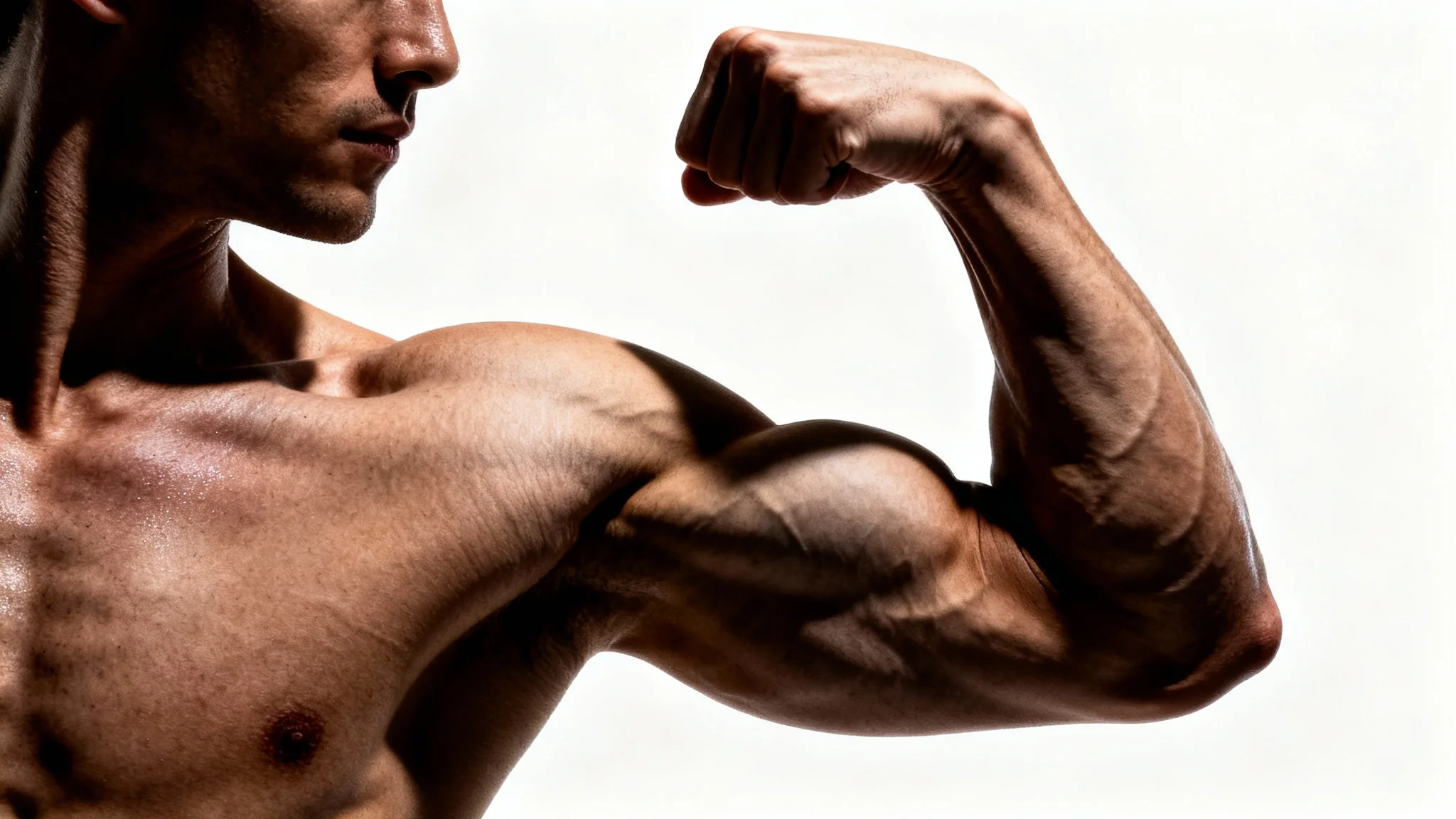A close-up, high-detail photograph of a man's muscular, flexed bicep and shoulder against a solid white background, highlighting muscle definition and strength.