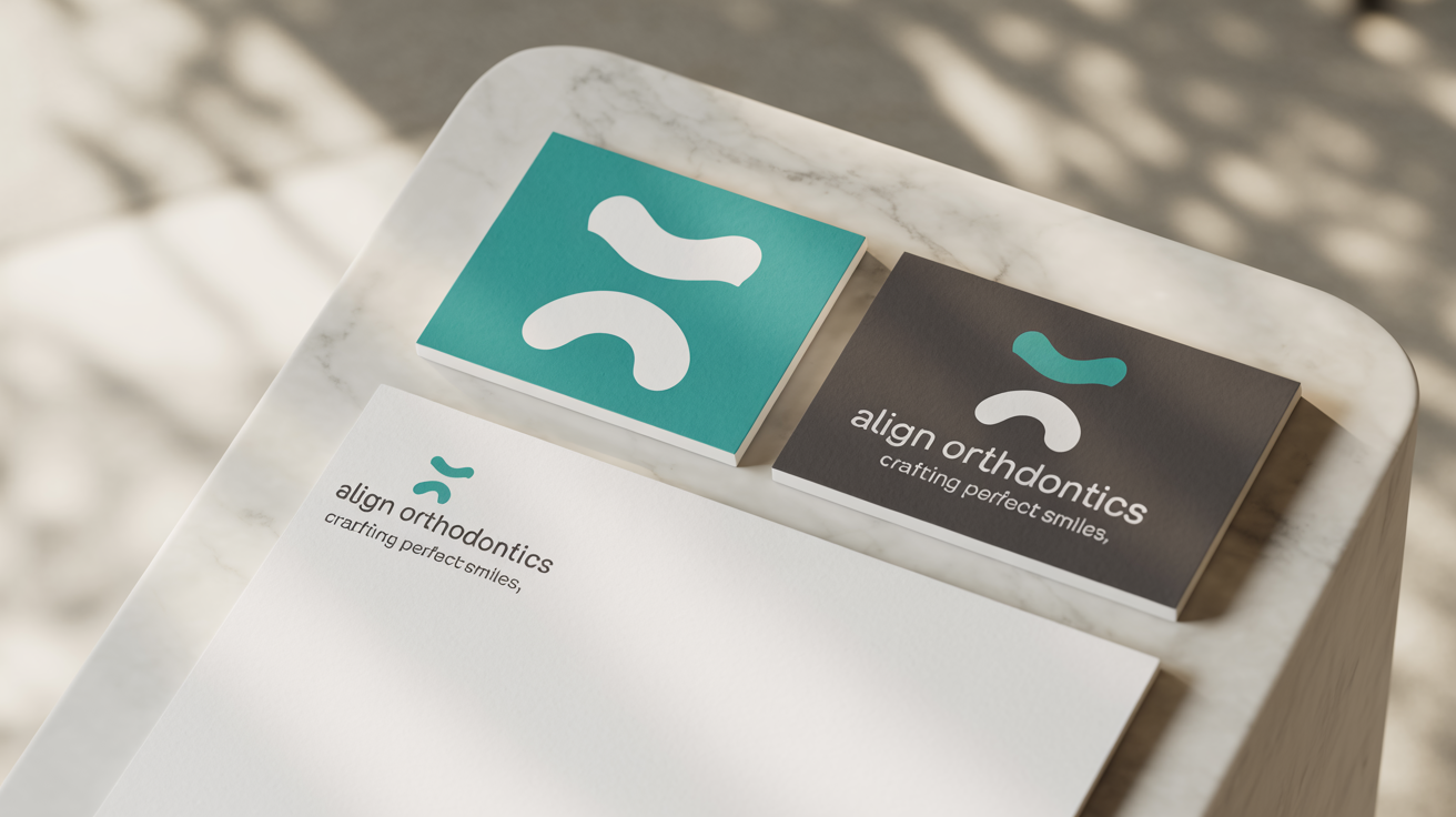 A brand identity mockup for a fictional orthodontist clinic named 'Align Orthodontics', showing a modern logo on a business card and letterhead.