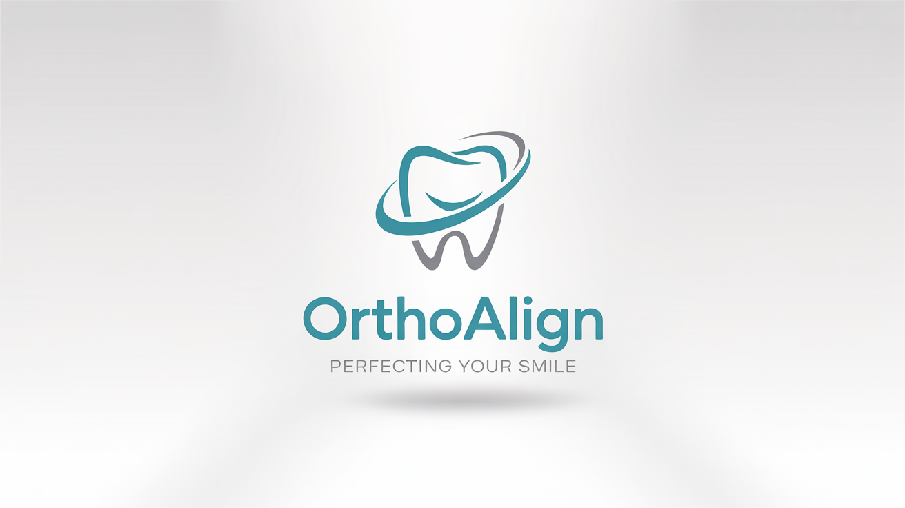 A professional logo mockup for an orthodontic clinic named 'OrthoAlign'. The logo features a stylized tooth with a swoosh, symbolizing dental alignment, presented on a clean white background.