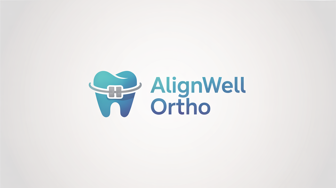 A modern logo mockup for an orthodontic clinic named 'AlignWell Ortho', featuring a stylized tooth icon in shades of blue and grey on a white background.