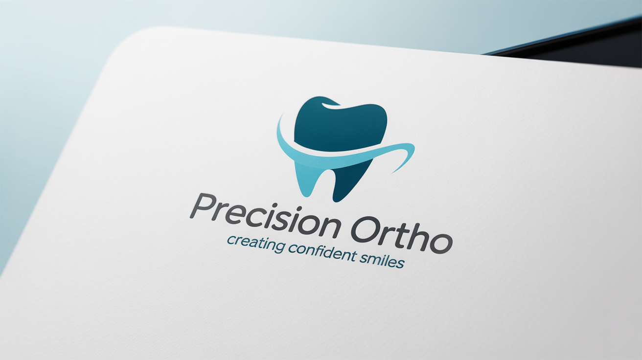 A modern logo mockup for an orthodontic practice named 'Precision Ortho', featuring a teal and blue stylized tooth icon on a white background.