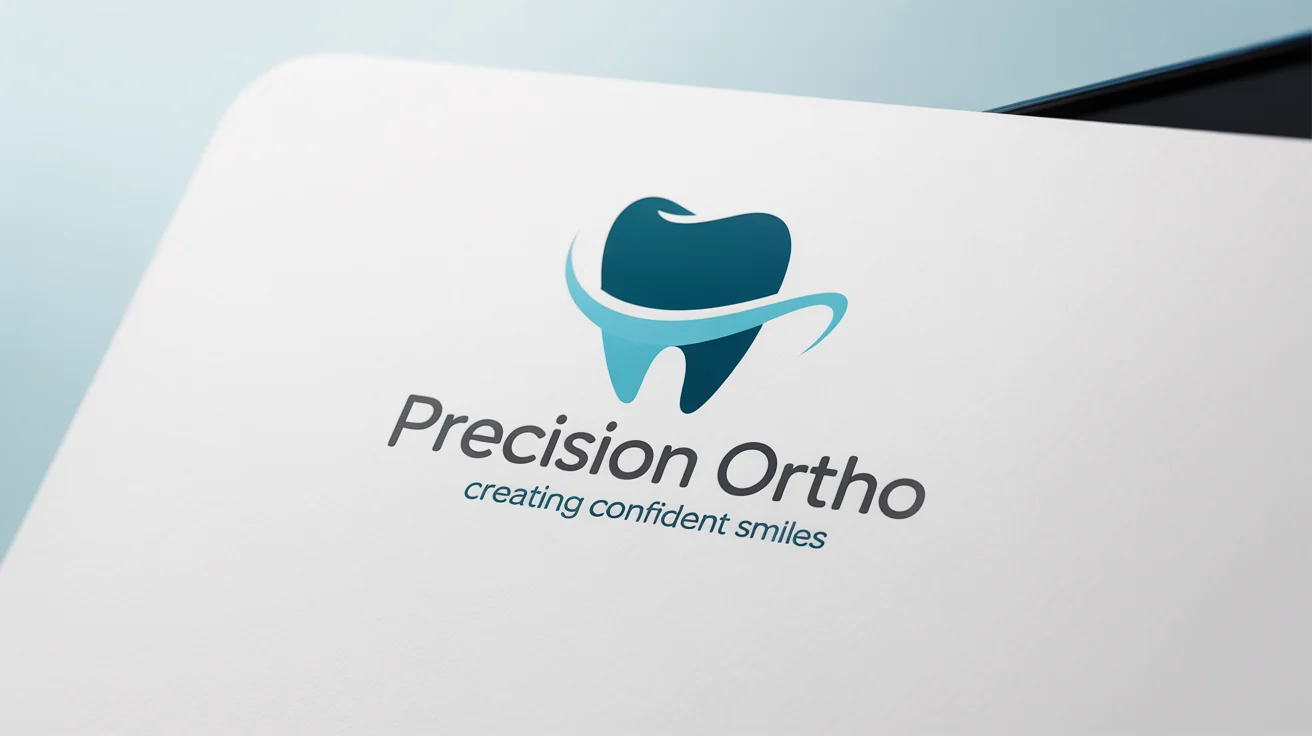 A modern logo mockup for an orthodontic practice named 'Precision Ortho', featuring a teal and blue stylized tooth icon on a white background.