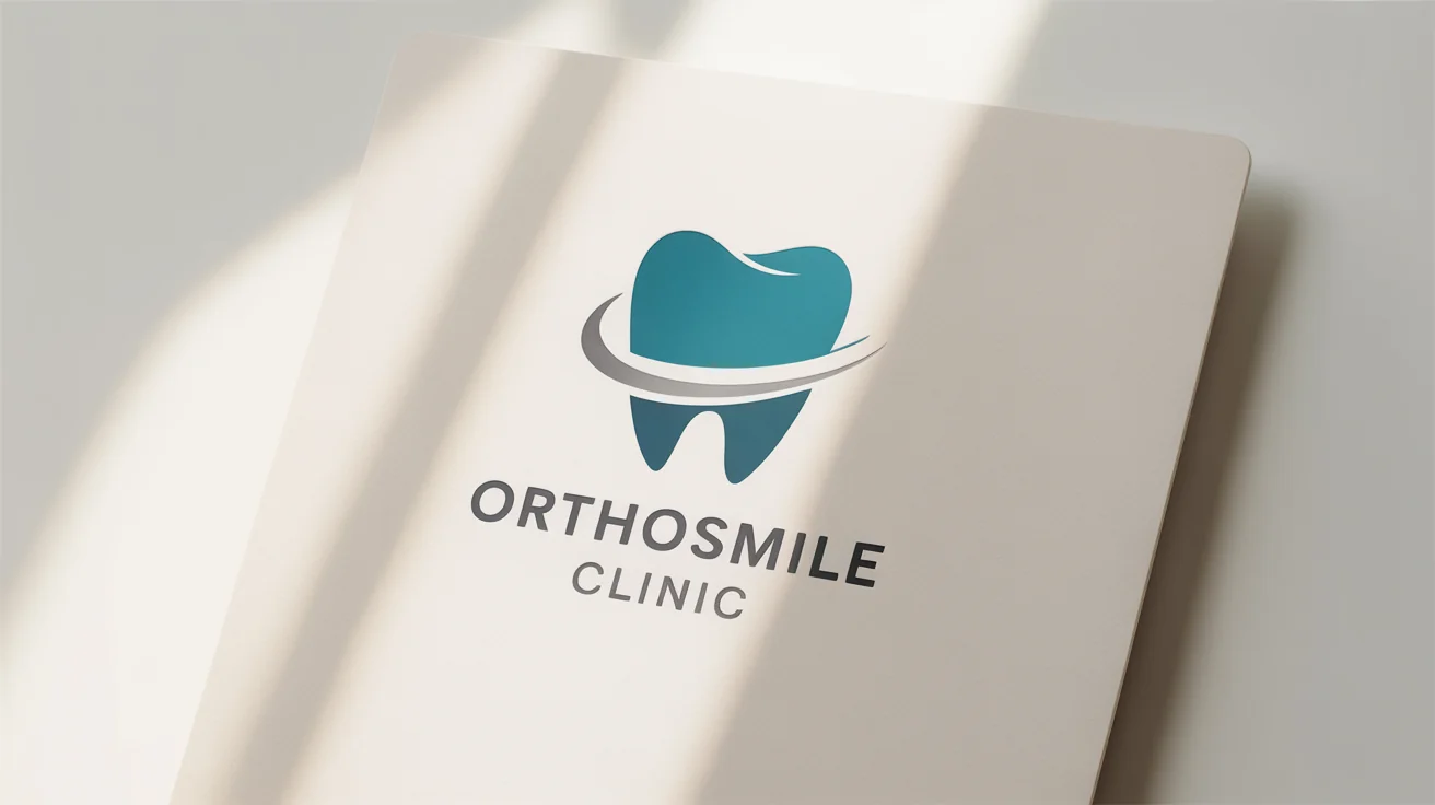 A modern and minimalist logo for an orthodontic clinic named 'OrthoSmile Clinic', featuring a stylized teal tooth with a silver arc, presented on a white background.